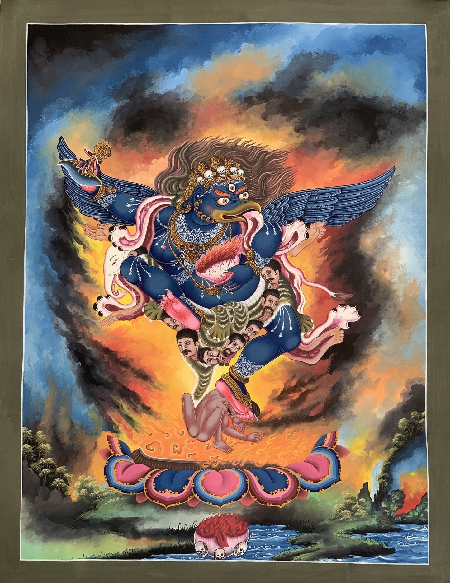 Original Hand Painted Hindu Demigod Garuda/ Eagle Celestial Deva Man with Wings Protector Rare Masterpiece Newari Thangka/Paubha Painting - Tibetan Thangka Art