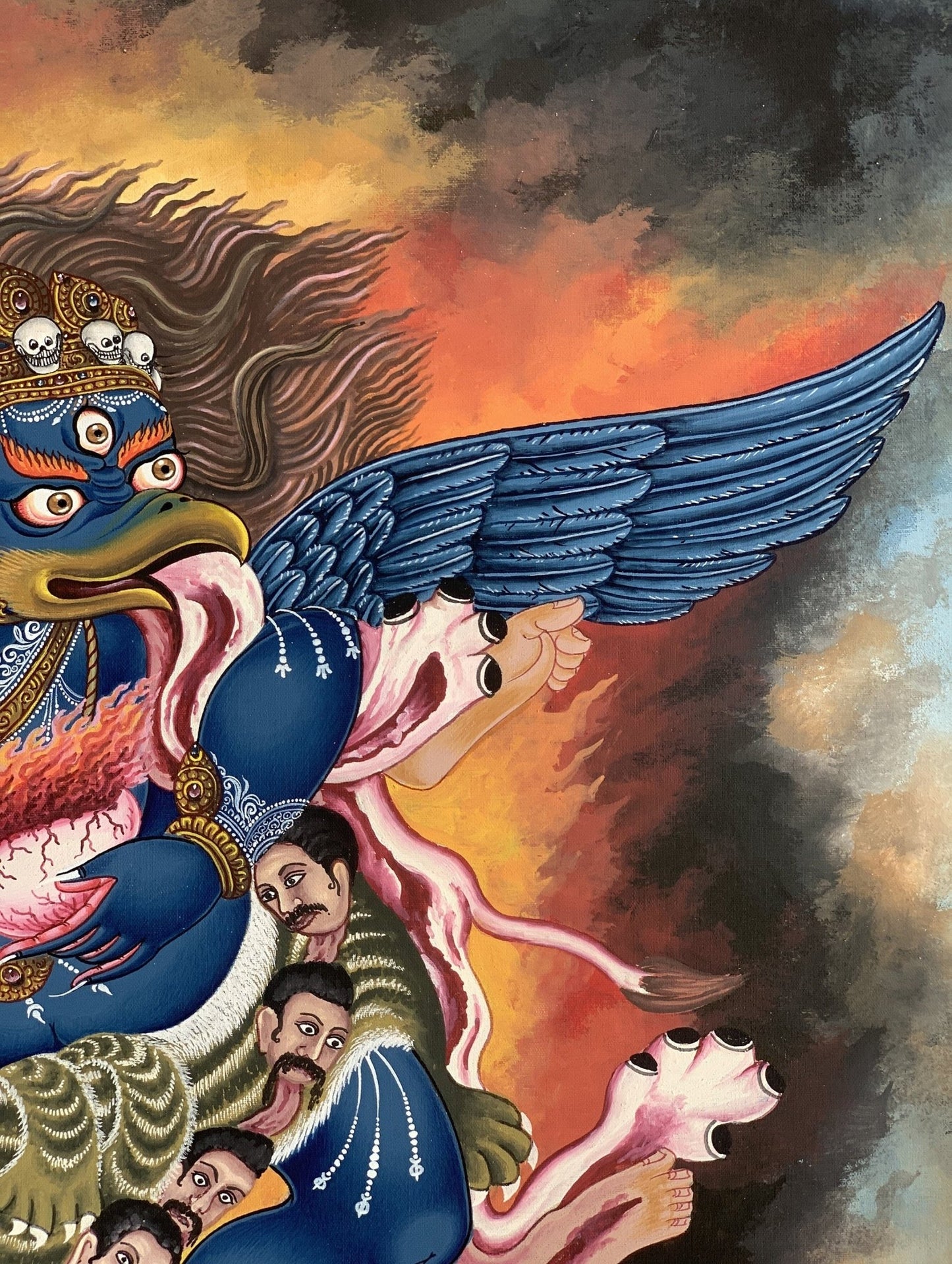 Original Hand Painted Hindu Demigod Garuda/ Eagle Celestial Deva Man with Wings Protector Rare Masterpiece Newari Thangka/Paubha Painting - Tibetan Thangka Art