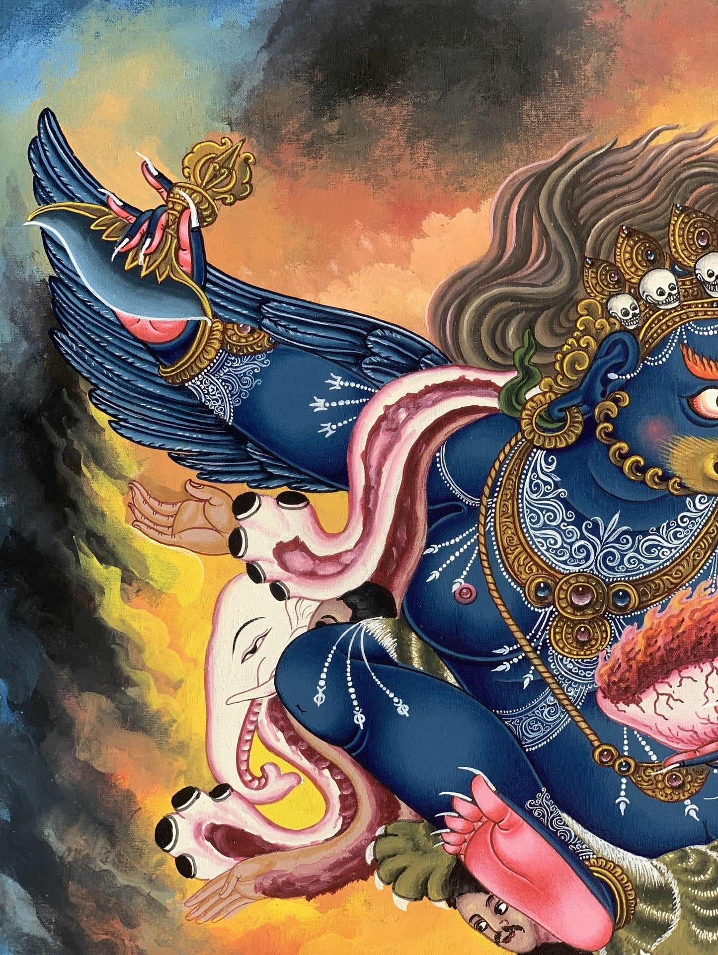 Original Hand Painted Hindu Demigod Garuda/ Eagle Celestial Deva Man with Wings Protector Rare Masterpiece Newari Thangka/Paubha Painting - Tibetan Thangka Art