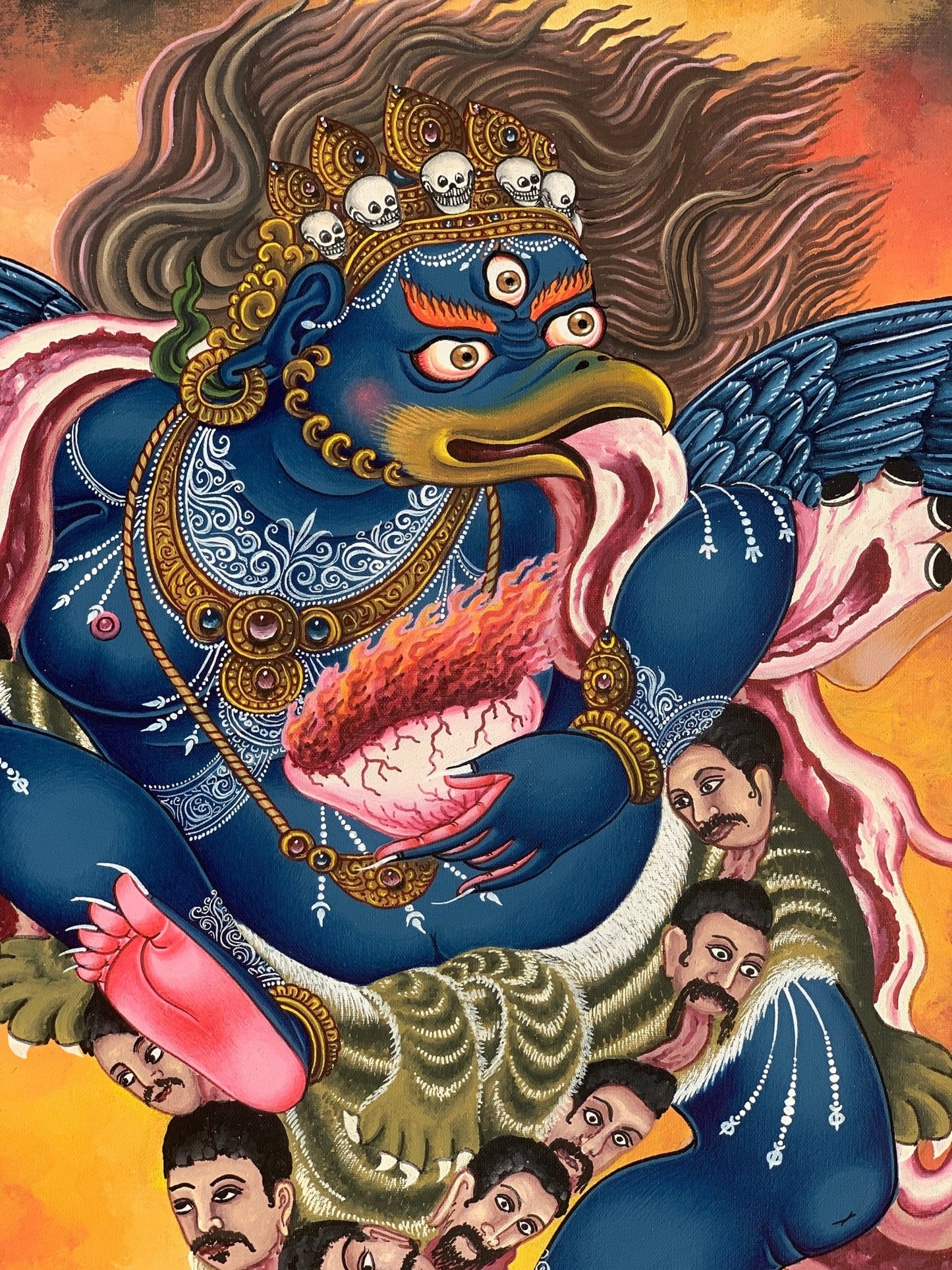Original Hand Painted Hindu Demigod Garuda/ Eagle Celestial Deva Man with Wings Protector Rare Masterpiece Newari Thangka/Paubha Painting - Tibetan Thangka Art