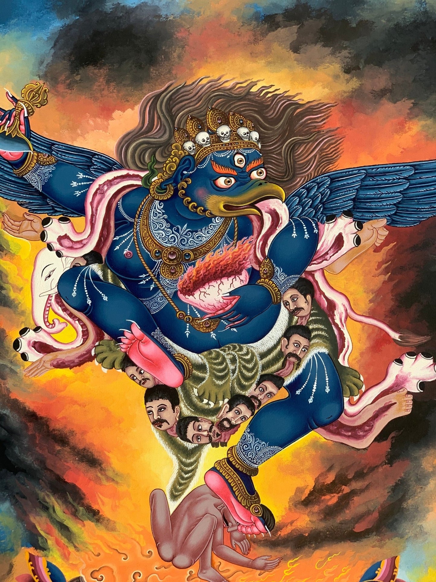 Original Hand Painted Hindu Demigod Garuda/ Eagle Celestial Deva Man with Wings Protector Rare Masterpiece Newari Thangka/Paubha Painting - Tibetan Thangka Art