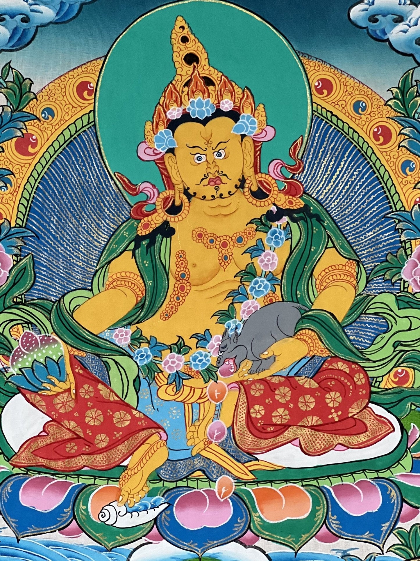 Original Hand Painted Jambala/Jambhala/Zambala /Kubera/ God Of Wealth Tibetan Compassion / Meditation Thangka Painting with Silk Brocade - Tibetan Thangka Art