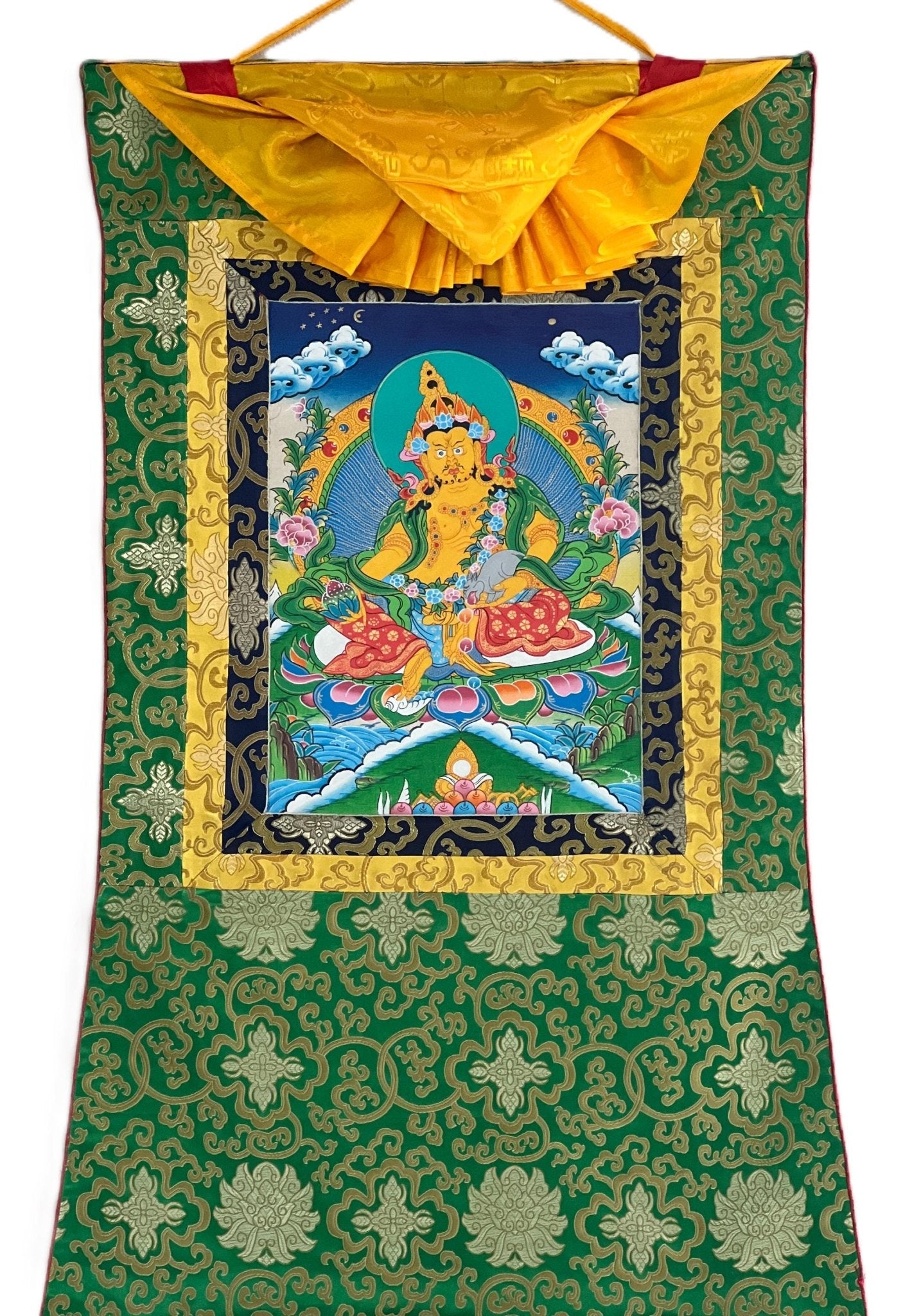 Original Hand Painted Jambala/Jambhala/Zambala /Kubera/ God Of Wealth Tibetan Compassion / Meditation Thangka Painting with Silk Brocade - Tibetan Thangka Art