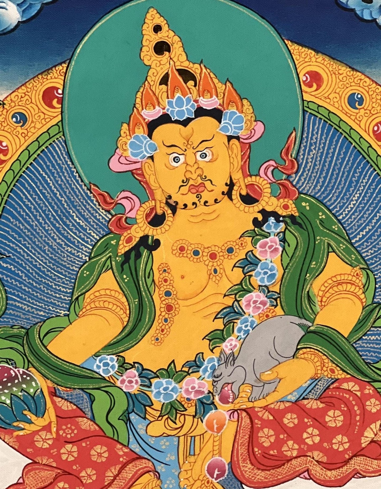 Original Hand Painted Jambala/Jambhala/Zambala /Kubera/ God Of Wealth Tibetan Compassion / Meditation Thangka Painting with Silk Brocade - Tibetan Thangka Art