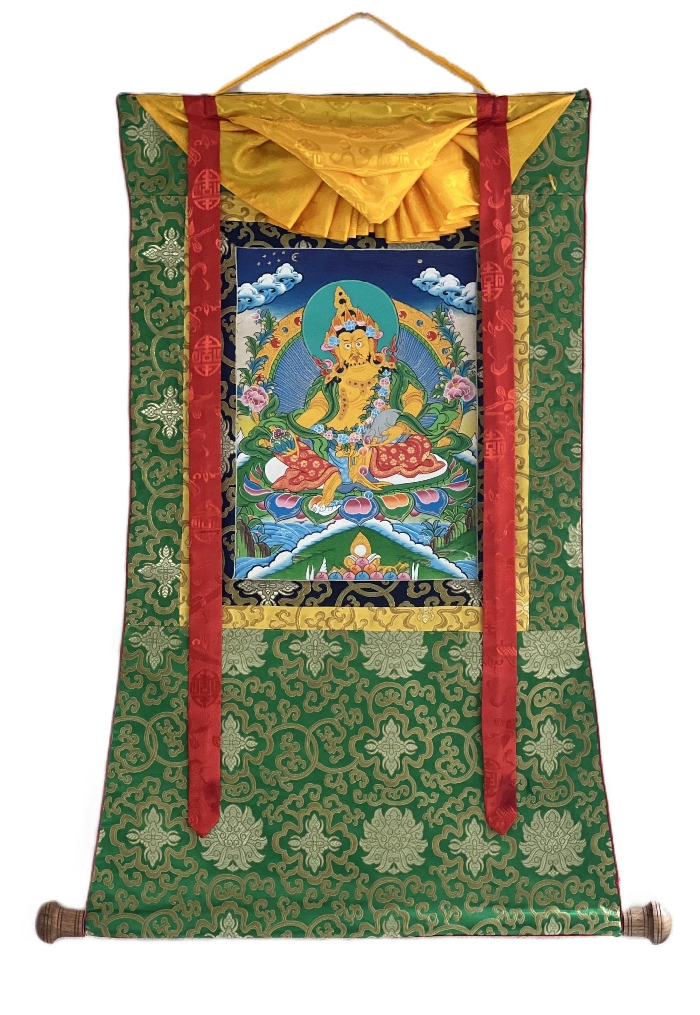 Original Hand Painted Jambala/Jambhala/Zambala /Kubera/ God Of Wealth Tibetan Compassion / Meditation Thangka Painting with Silk Brocade - Tibetan Thangka Art