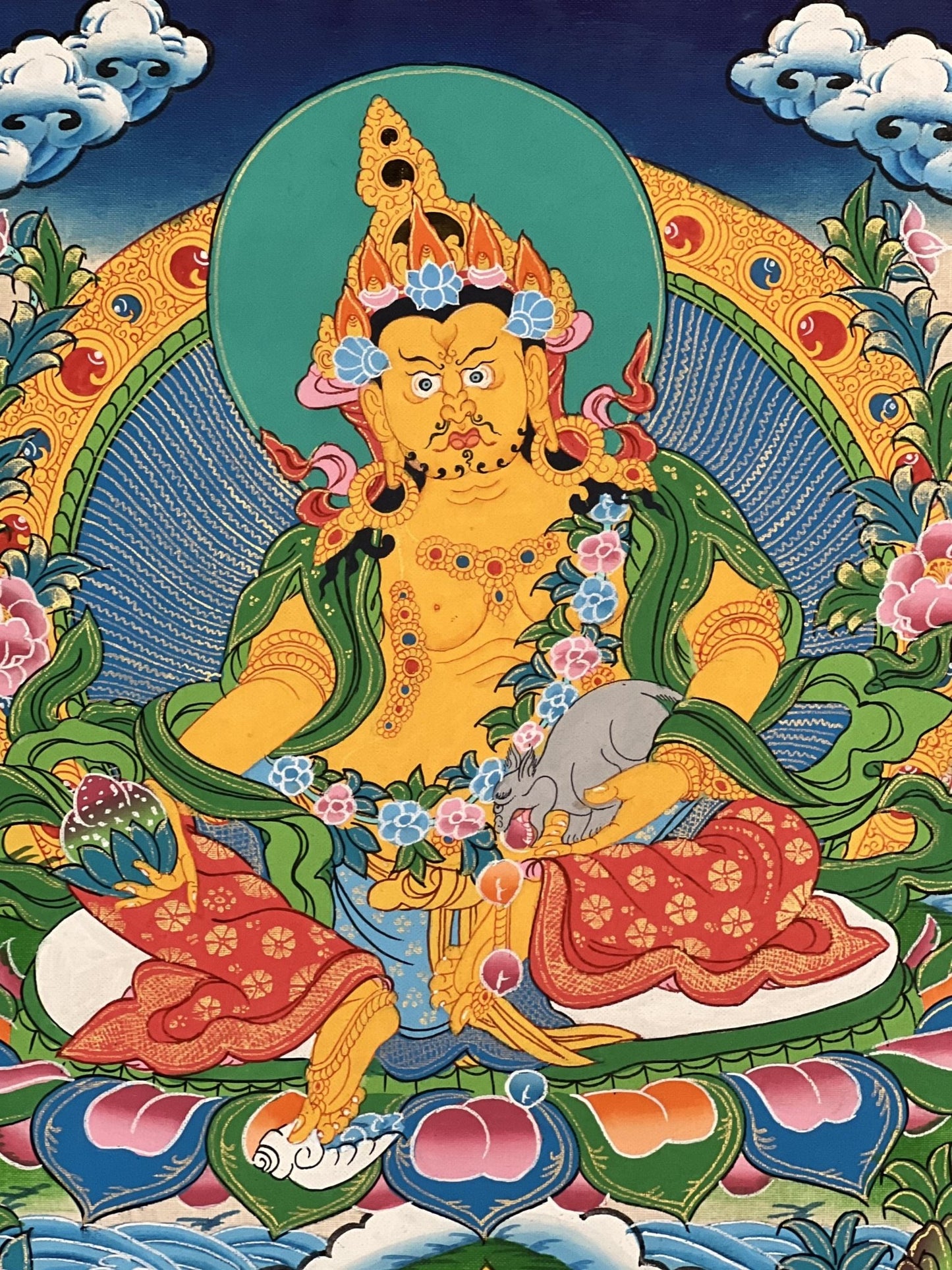 Original Hand Painted Jambala/Jambhala/Zambala /Kubera/ God Of Wealth Tibetan Compassion / Meditation Thangka Painting with Silk Brocade - Tibetan Thangka Art