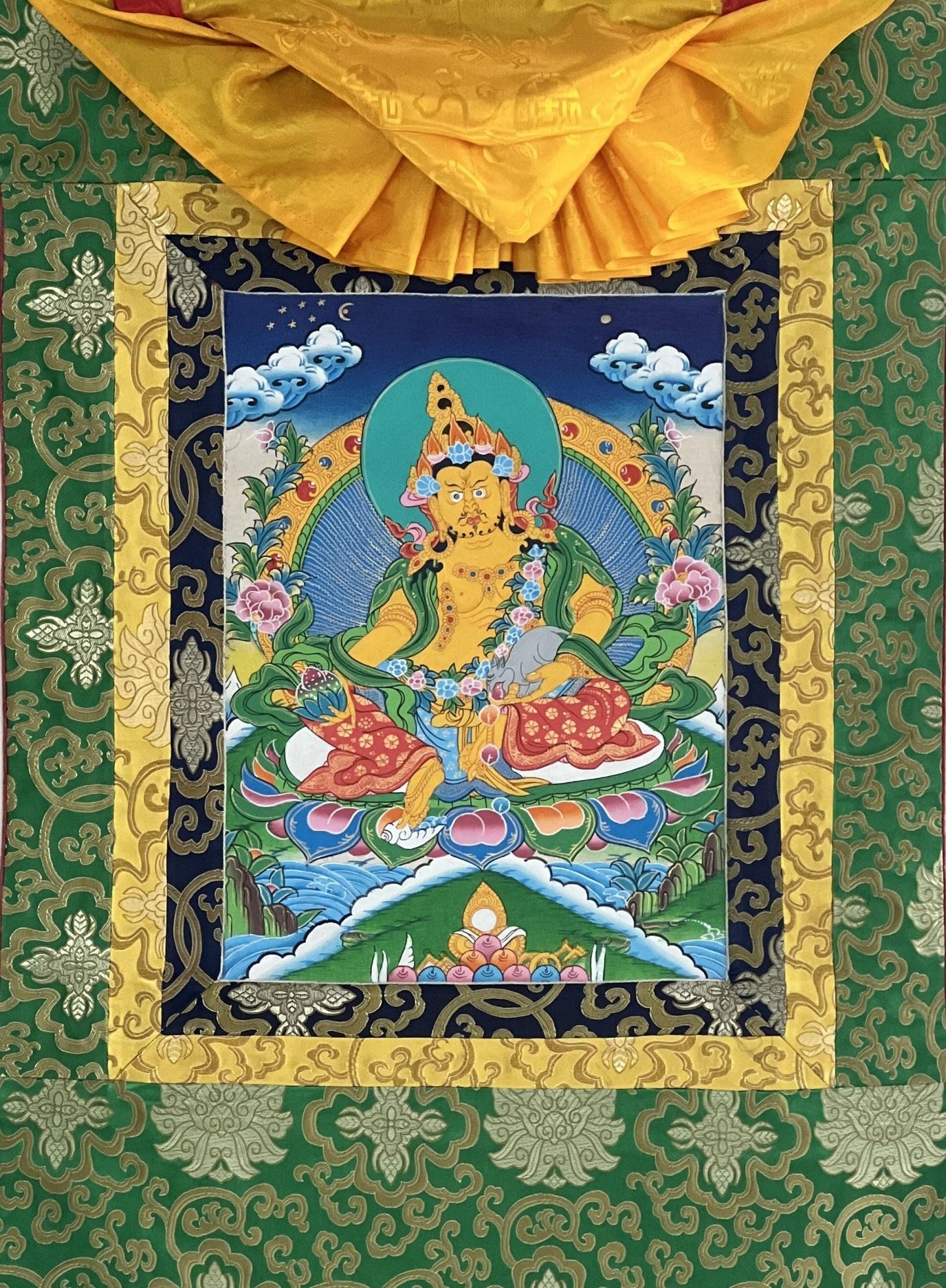 Original Hand Painted Jambala/Jambhala/Zambala /Kubera/ God Of Wealth Tibetan Compassion / Meditation Thangka Painting with Silk Brocade - Tibetan Thangka Art
