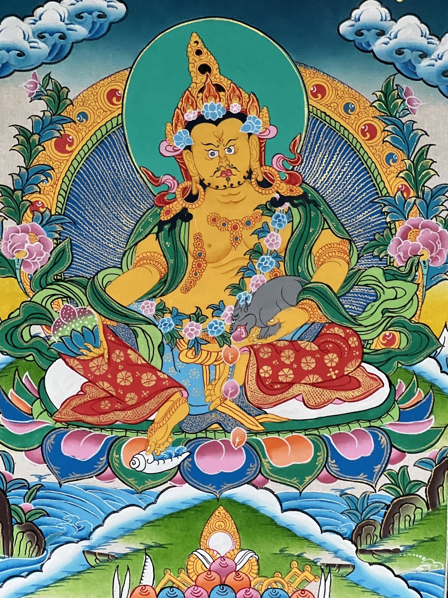 Original Hand Painted Jambala/Jambhala/Zambala /Kubera/ God Of Wealth Tibetan Compassion / Meditation Thangka Painting with Silk Brocade - Tibetan Thangka Art