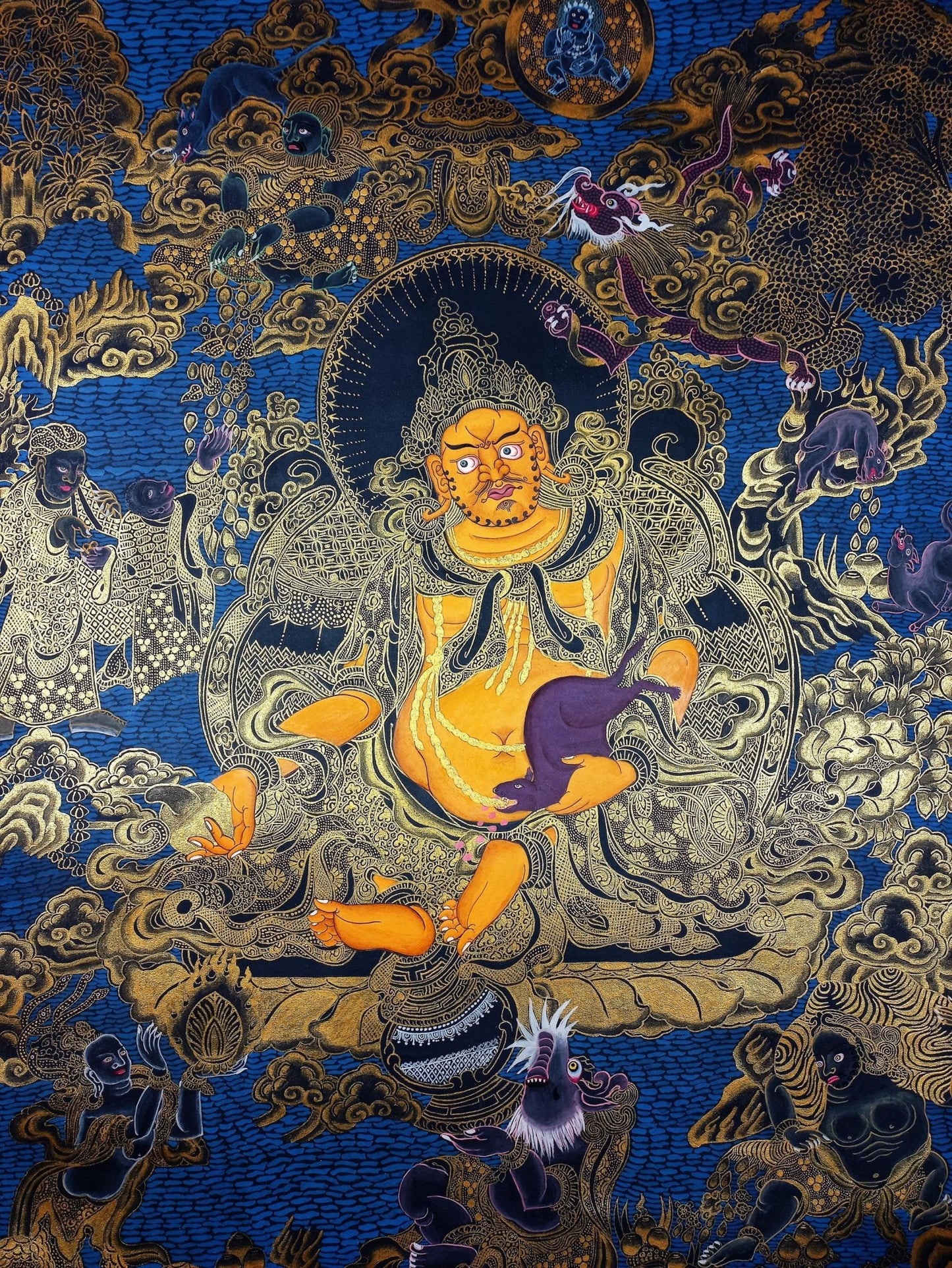 Original Hand Painted Jambhala/ Dzambhala/ God Of Wealth Masterpiece Gold Tibetan Compassion / Meditation Wall Hanging/ Thangka Painting - Tibetan Thangka Art
