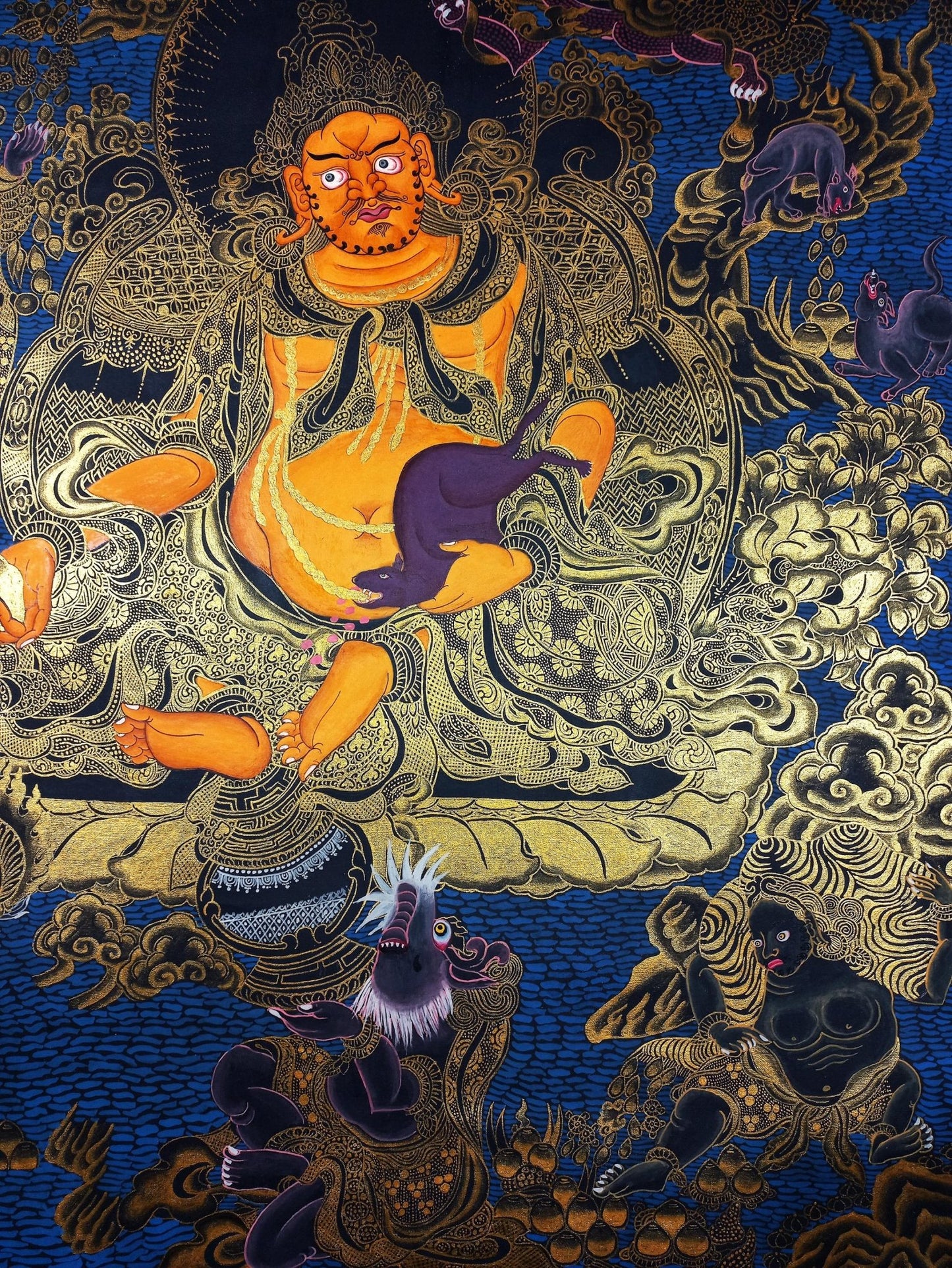 Original Hand Painted Jambhala/ Dzambhala/ God Of Wealth Masterpiece Gold Tibetan Compassion / Meditation Wall Hanging/ Thangka Painting - Tibetan Thangka Art