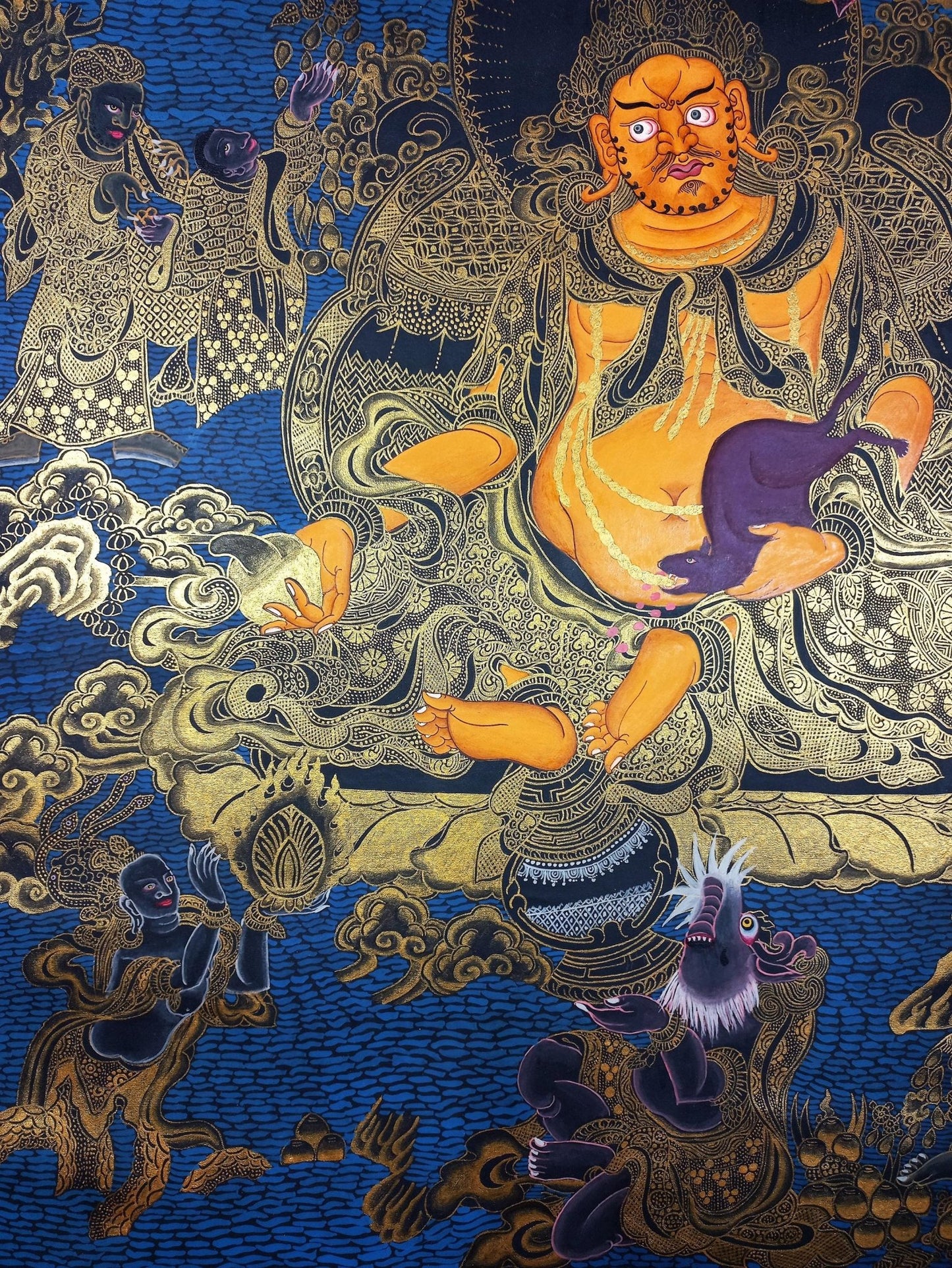 Original Hand Painted Jambhala/ Dzambhala/ God Of Wealth Masterpiece Gold Tibetan Compassion / Meditation Wall Hanging/ Thangka Painting - Tibetan Thangka Art