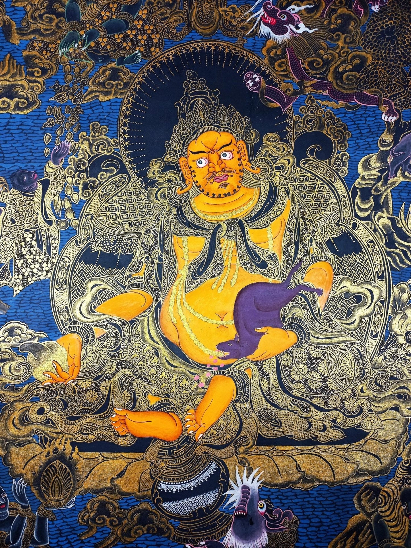 Original Hand Painted Jambhala/ Dzambhala/ God Of Wealth Masterpiece Gold Tibetan Compassion / Meditation Wall Hanging/ Thangka Painting - Tibetan Thangka Art