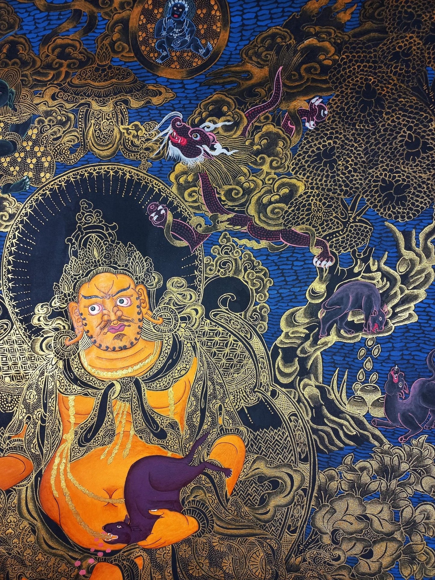 Original Hand Painted Jambhala/ Dzambhala/ God Of Wealth Masterpiece Gold Tibetan Compassion / Meditation Wall Hanging/ Thangka Painting - Tibetan Thangka Art