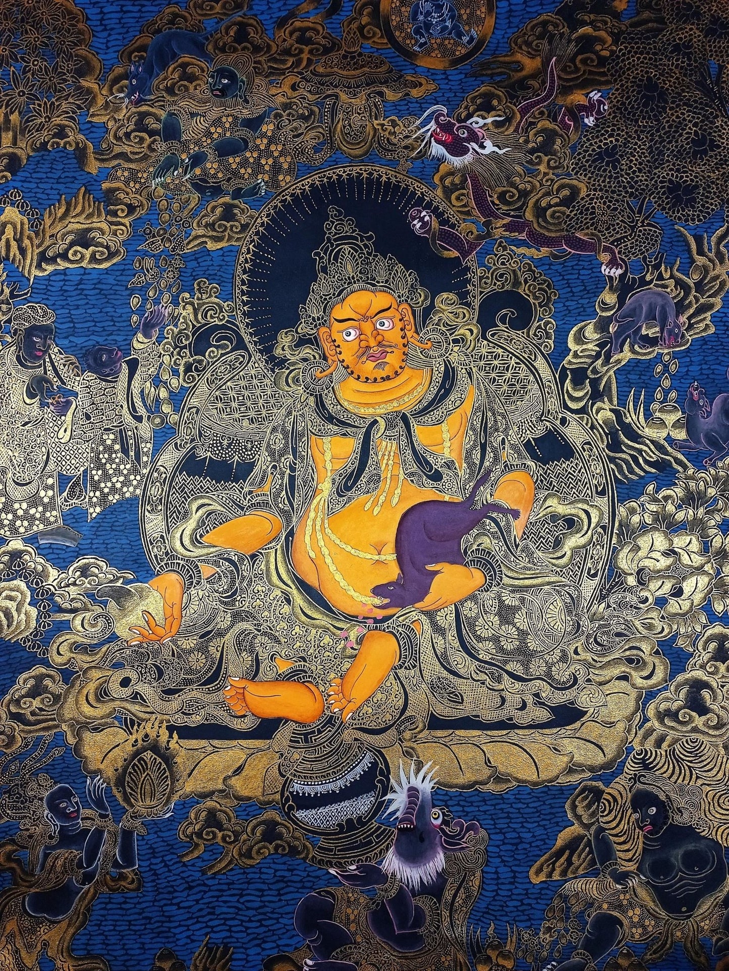 Original Hand Painted Jambhala/ Dzambhala/ God Of Wealth Masterpiece Gold Tibetan Compassion / Meditation Wall Hanging/ Thangka Painting - Tibetan Thangka Art