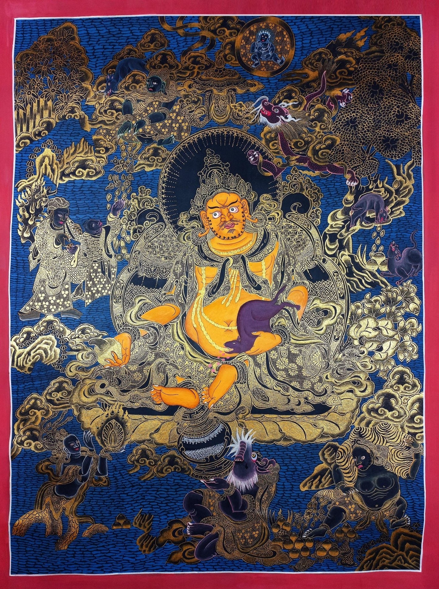 Original Hand Painted Jambhala/ Dzambhala/ God Of Wealth Masterpiece Gold Tibetan Compassion / Meditation Wall Hanging/ Thangka Painting - Tibetan Thangka Art