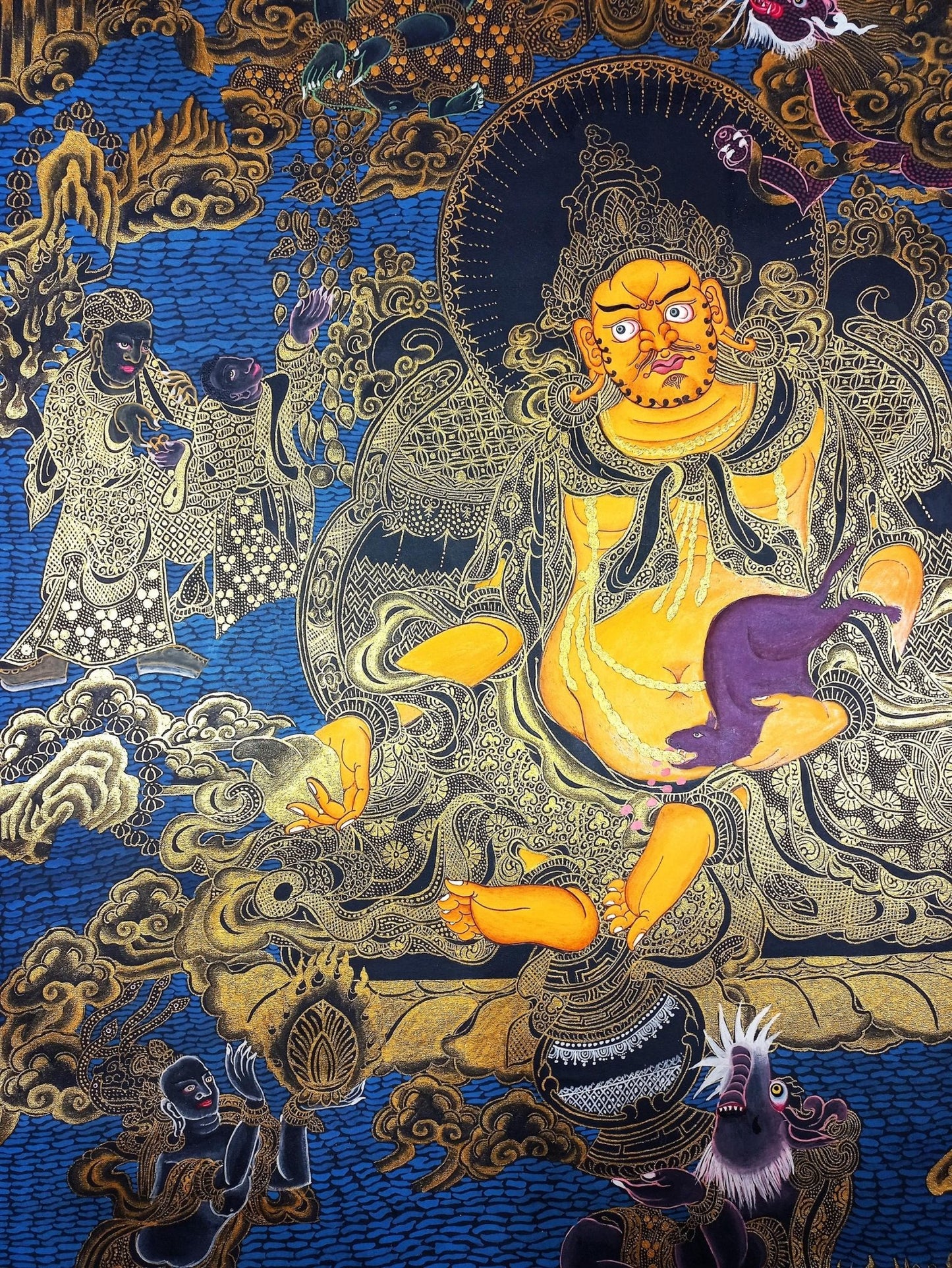 Original Hand Painted Jambhala/ Dzambhala/ God Of Wealth Masterpiece Gold Tibetan Compassion / Meditation Wall Hanging/ Thangka Painting - Tibetan Thangka Art