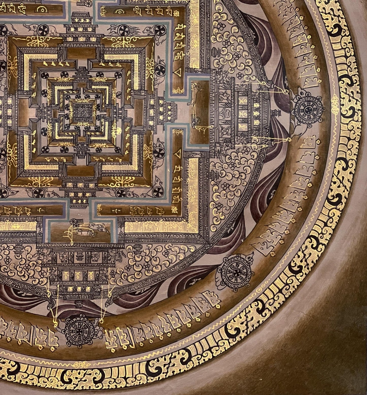 Original Hand - painted Kalachakra Mandala Wheel of Time Mandala Masterpiece Tibetan Thangka Painting/ Meditation Art with Silk Brocade - Tibetan Thangka Art