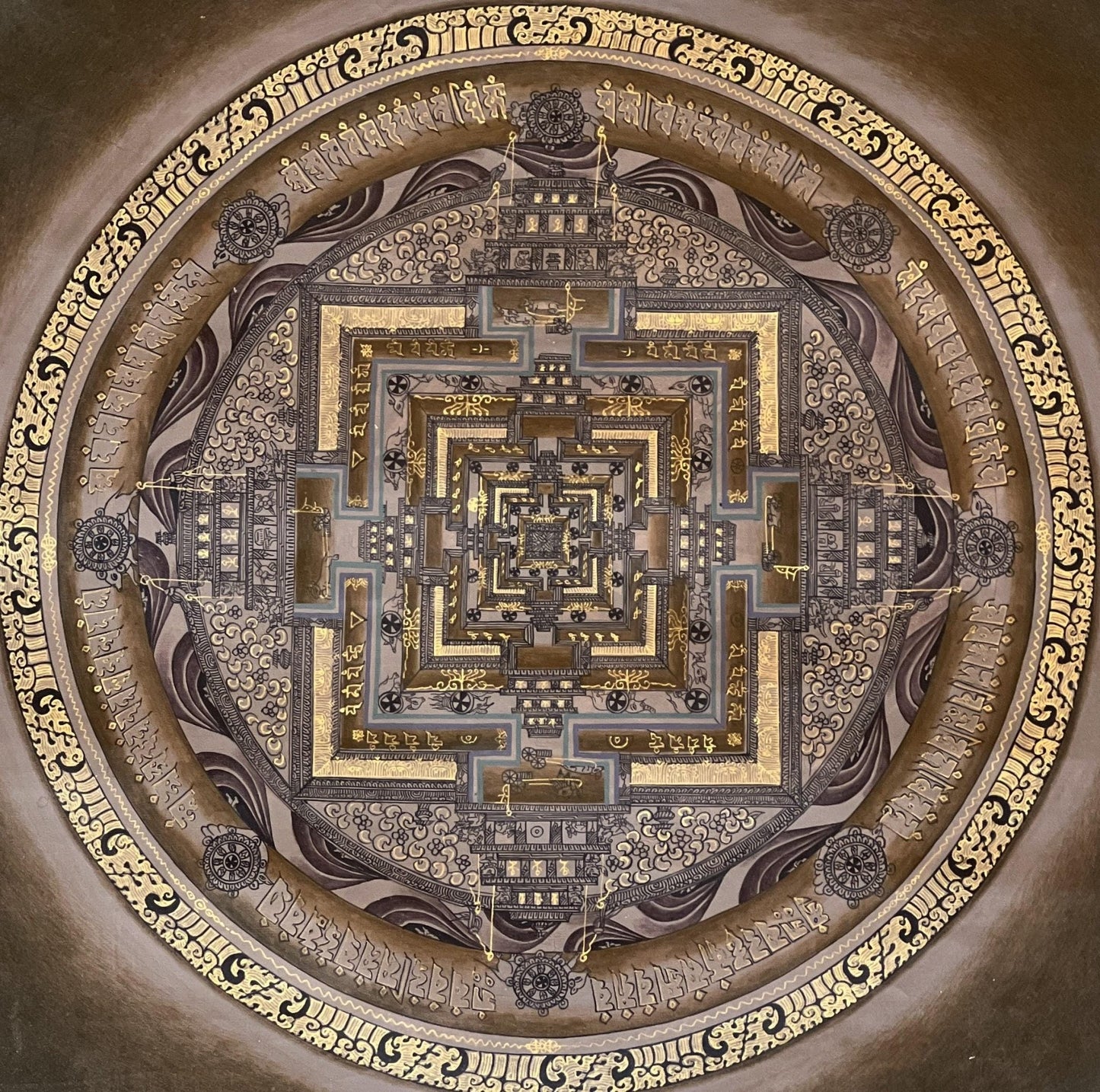 Original Hand - painted Kalachakra Mandala Wheel of Time Mandala Masterpiece Tibetan Thangka Painting/ Meditation Art with Silk Brocade - Tibetan Thangka Art