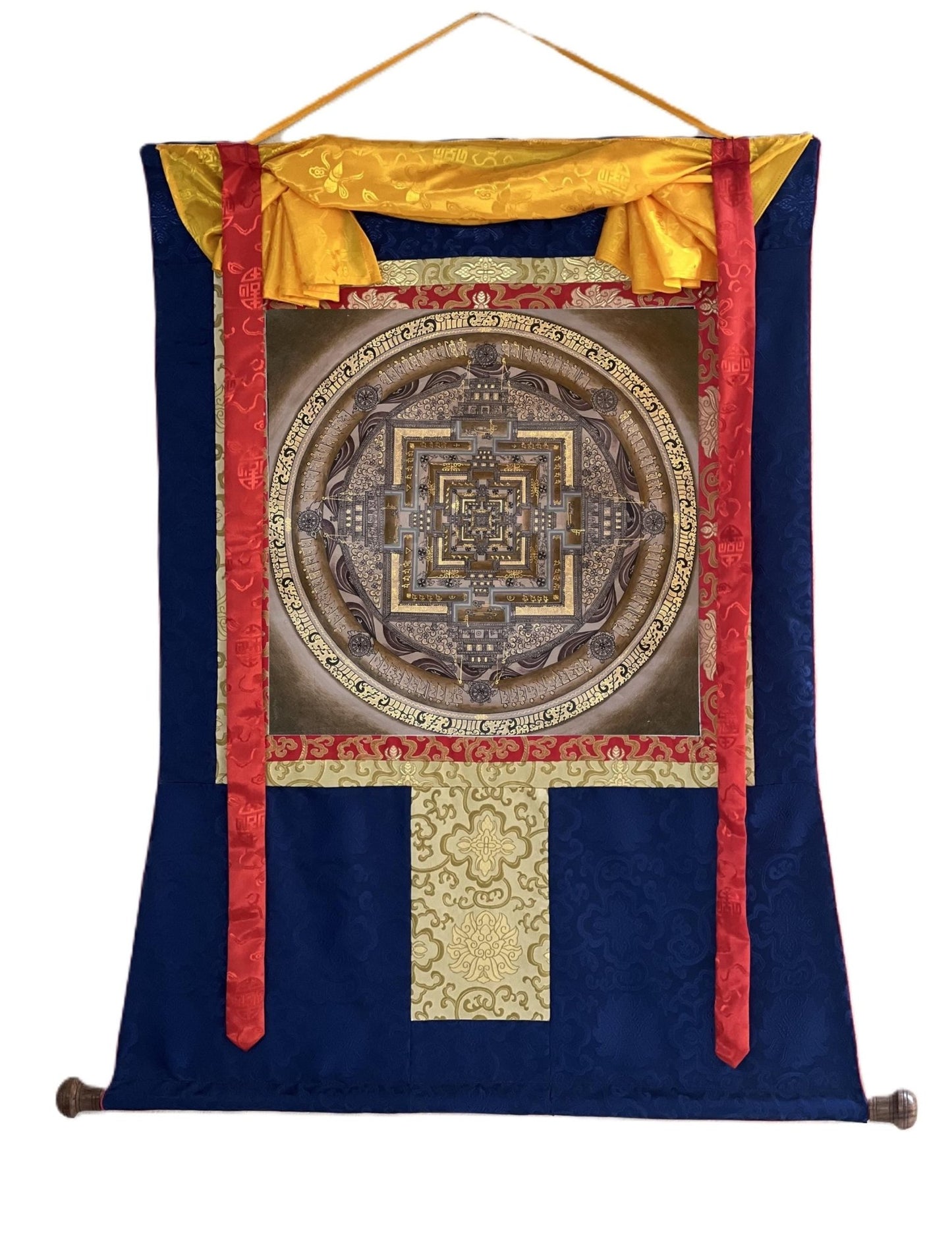 Original Hand - painted Kalachakra Mandala Wheel of Time Mandala Masterpiece Tibetan Thangka Painting/ Meditation Art with Silk Brocade - Tibetan Thangka Art