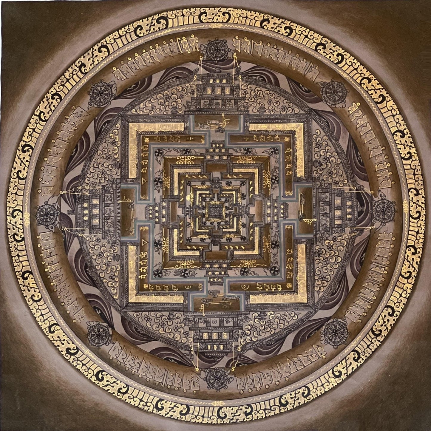 Original Hand - painted Kalachakra Mandala Wheel of Time Mandala Masterpiece Tibetan Thangka Painting/ Meditation Art with Silk Brocade - Tibetan Thangka Art