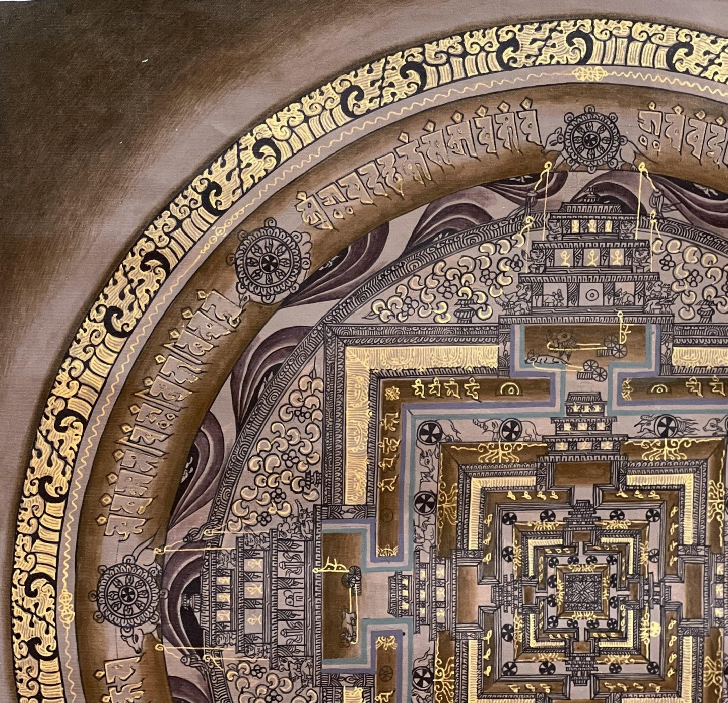Original Hand - painted Kalachakra Mandala Wheel of Time Mandala Masterpiece Tibetan Thangka Painting/ Meditation Art with Silk Brocade - Tibetan Thangka Art