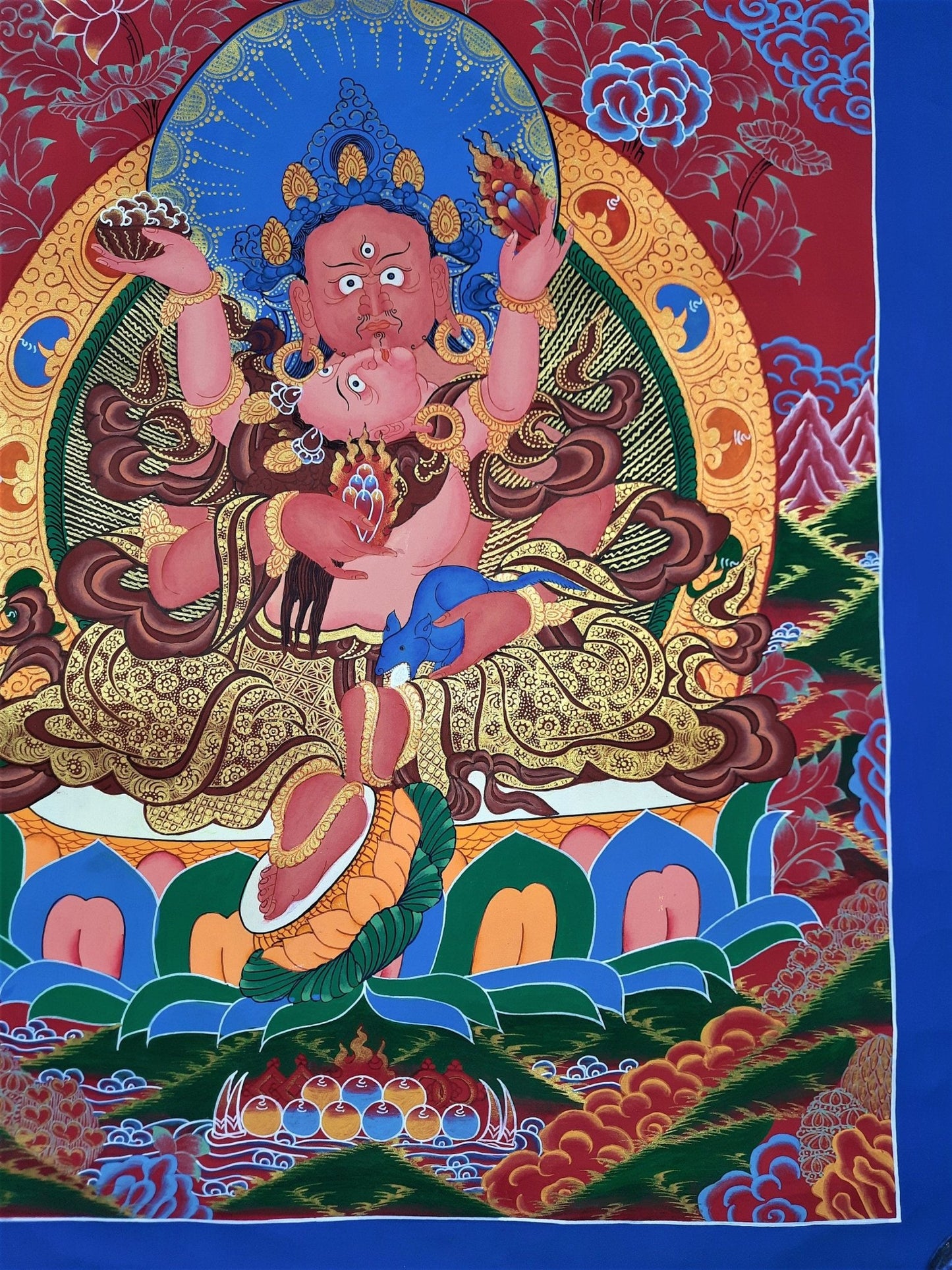 Original Hand Painted Kubera Shakti Jambhala SHAKTI / God Of Wealth Masterpiece Tibetan Compassion / Meditation Thangka / Thanka Painting - Tibetan Thangka Art