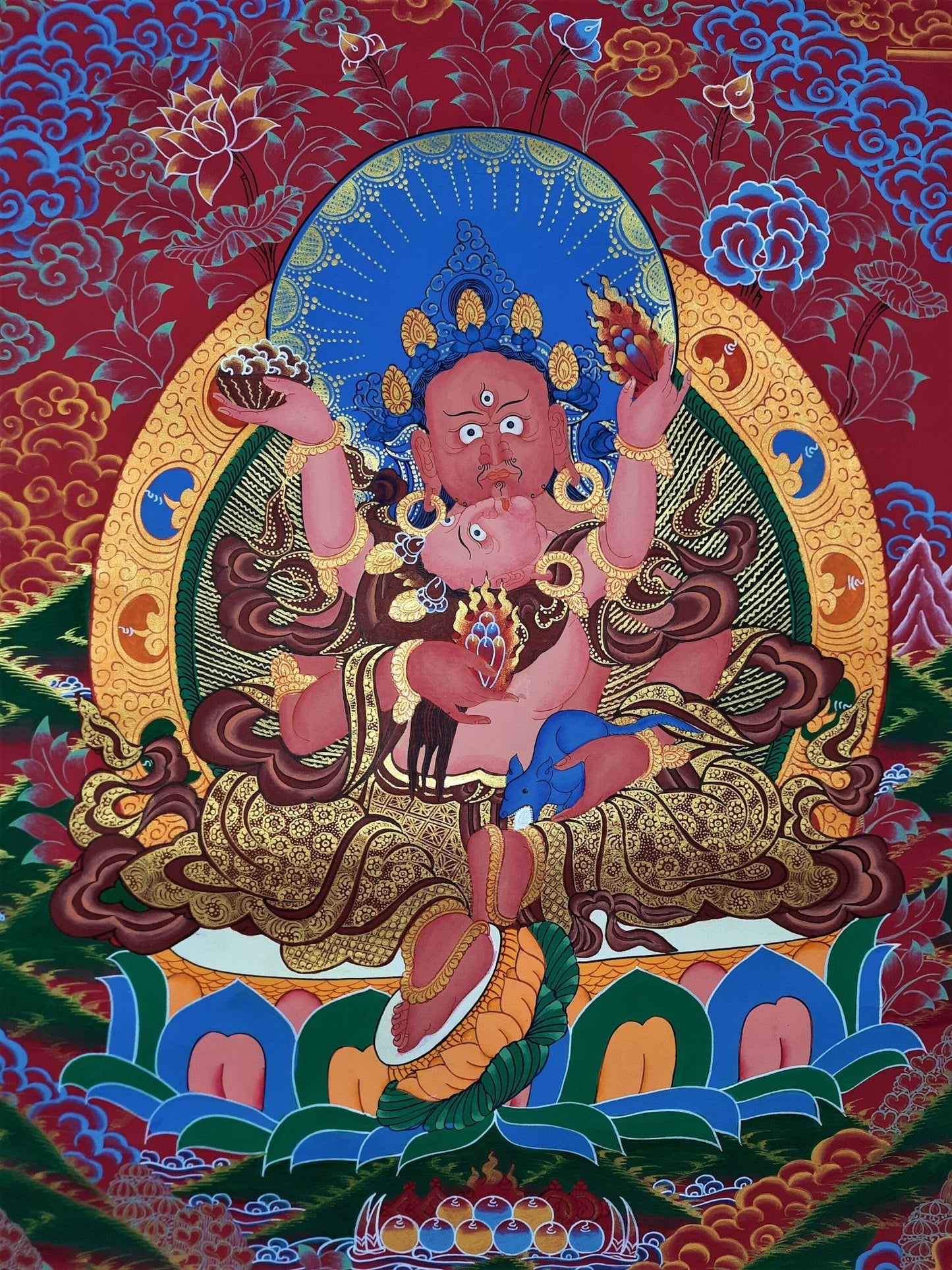 Original Hand Painted Kubera Shakti Jambhala SHAKTI / God Of Wealth Masterpiece Tibetan Compassion / Meditation Thangka / Thanka Painting - Tibetan Thangka Art
