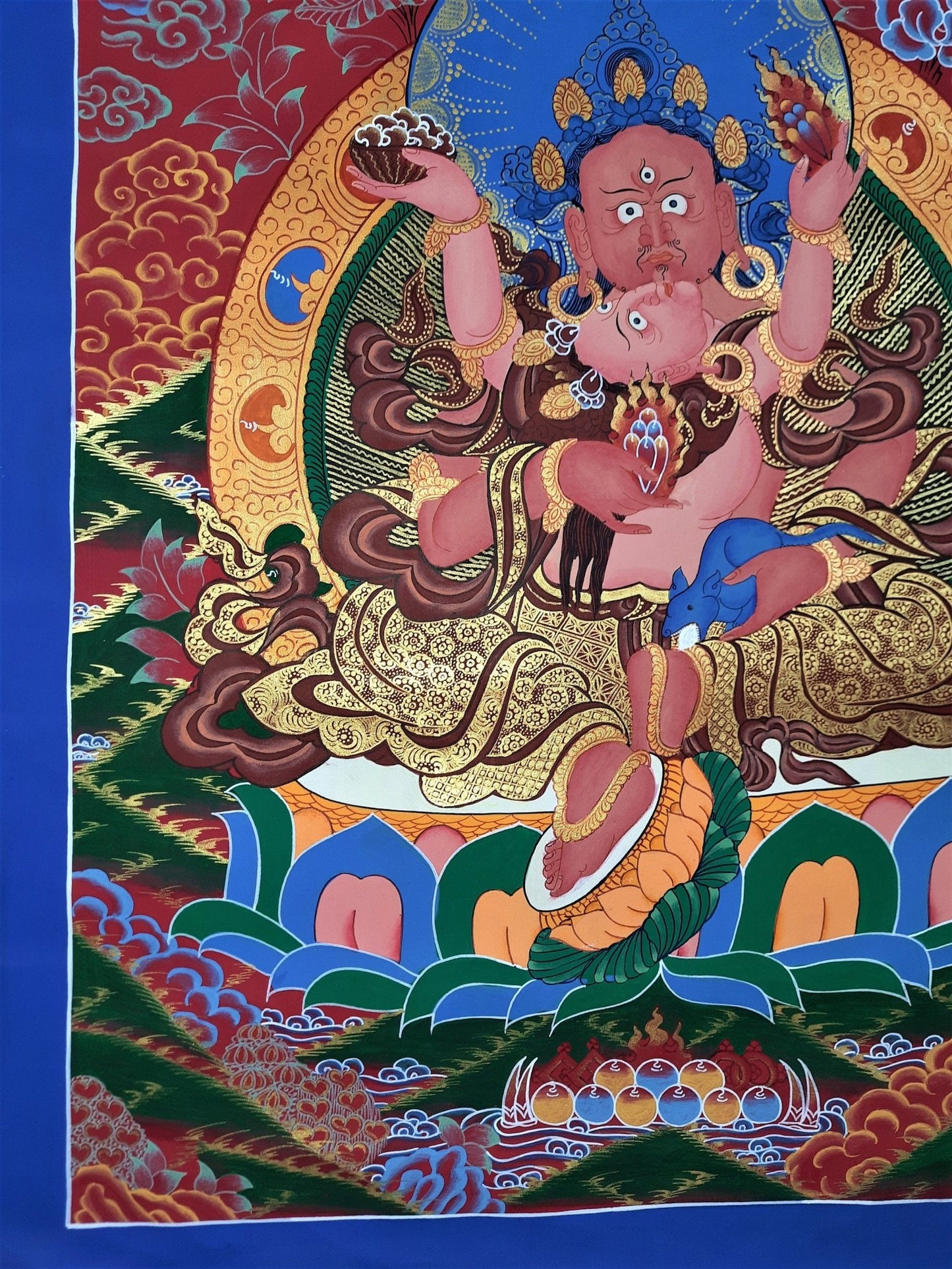 Original Hand Painted Kubera Shakti Jambhala SHAKTI / God Of Wealth Masterpiece Tibetan Compassion / Meditation Thangka / Thanka Painting - Tibetan Thangka Art