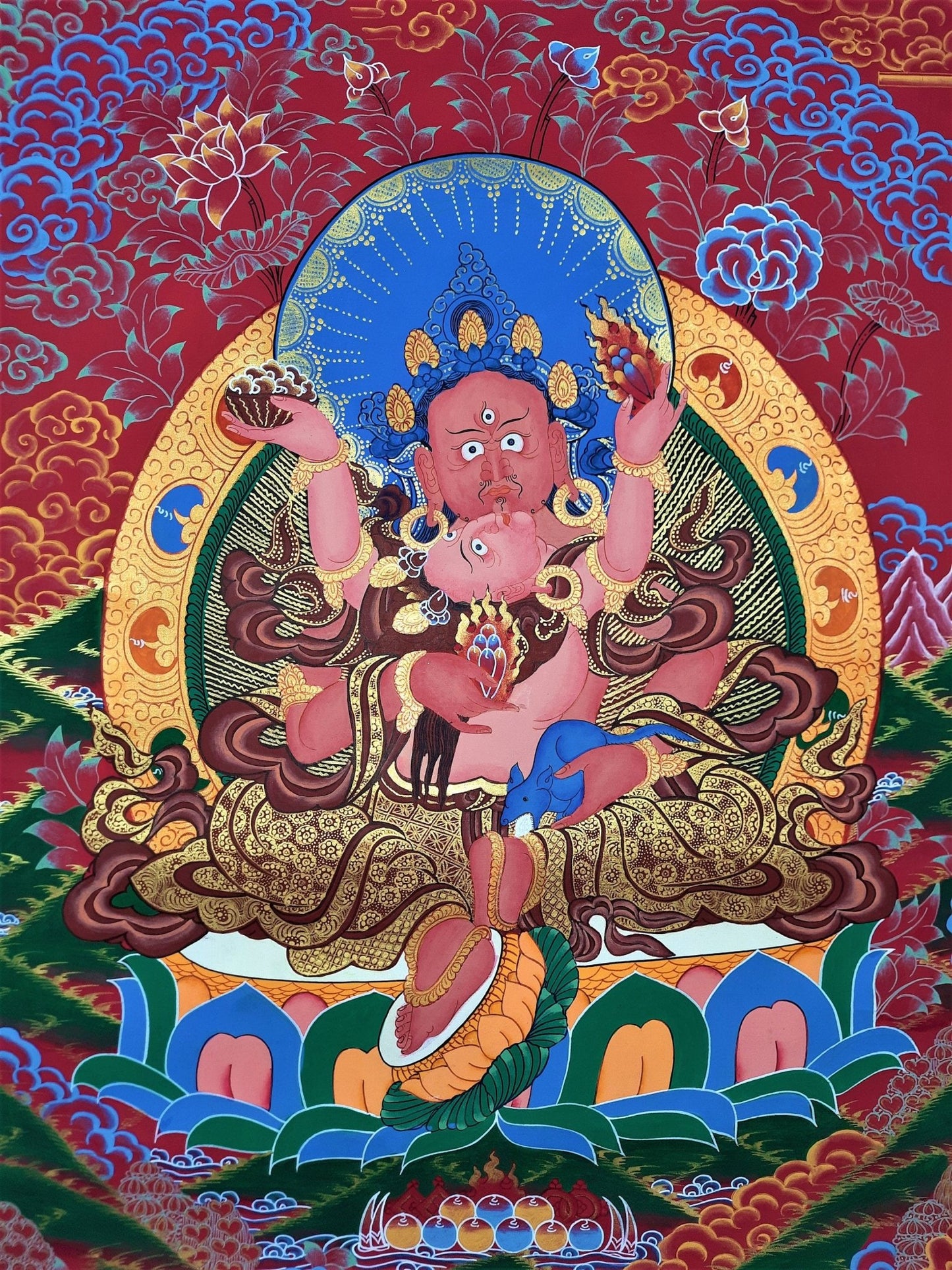 Original Hand Painted Kubera Shakti Jambhala SHAKTI / God Of Wealth Masterpiece Tibetan Compassion / Meditation Thangka / Thanka Painting - Tibetan Thangka Art