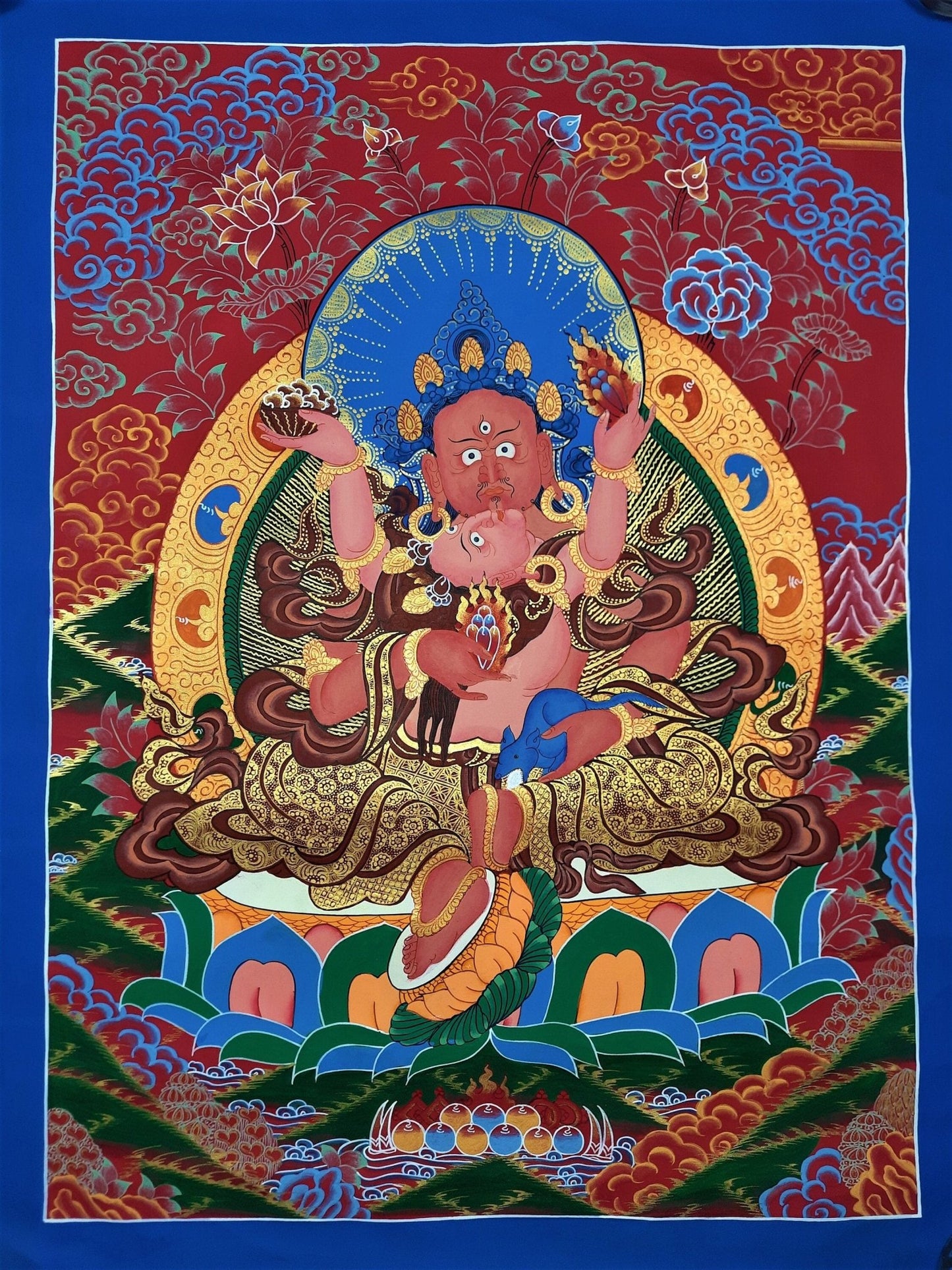 Original Hand Painted Kubera Shakti Jambhala SHAKTI / God Of Wealth Masterpiece Tibetan Compassion / Meditation Thangka / Thanka Painting - Tibetan Thangka Art