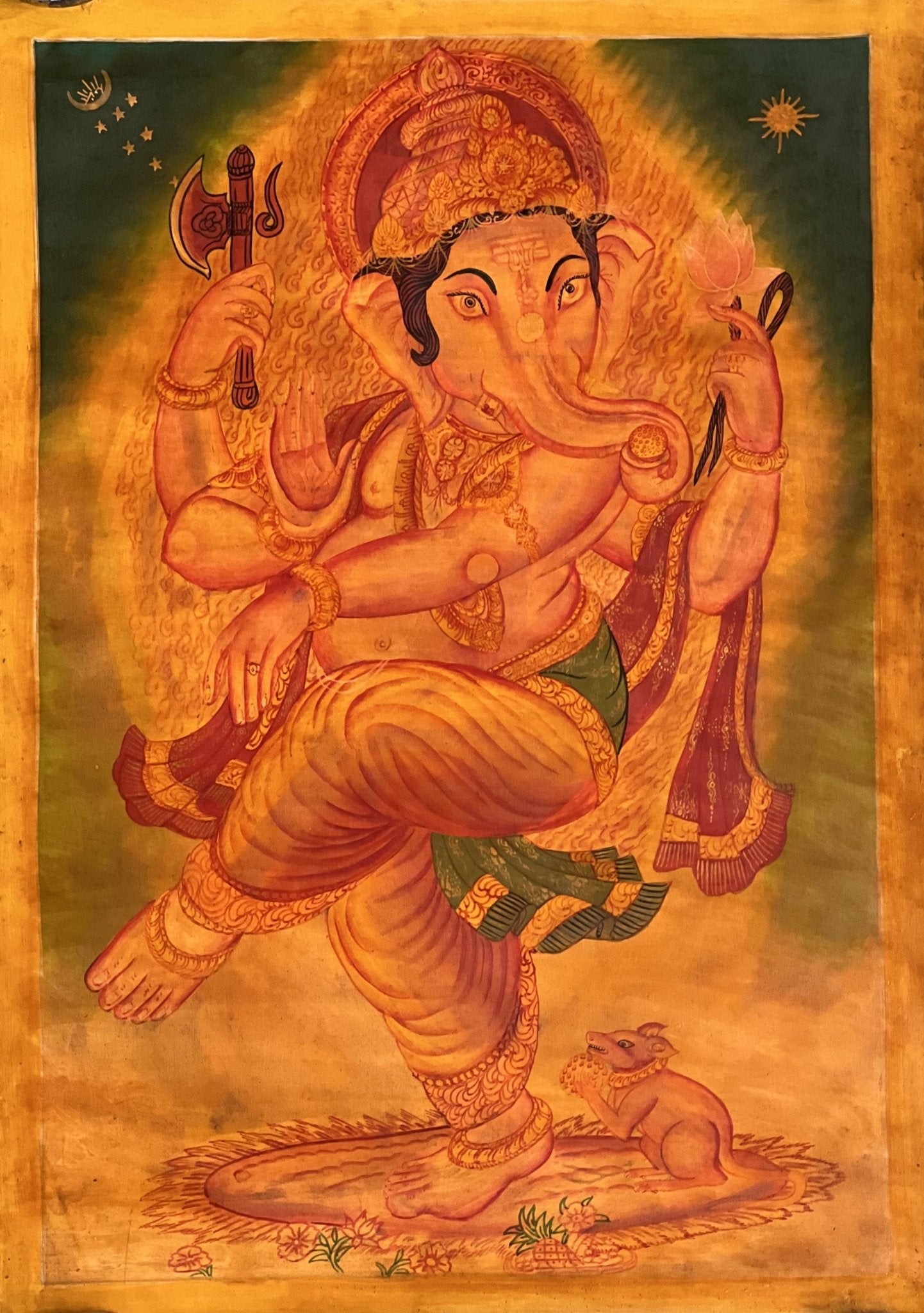 Original Hand - Painted Lord Ganesha/ Ganapati/ Vinayaka/ Vighnaharta Masterpiece Newari Paubha Oil Varnished Thangka Painting - Tibetan Thangka Art