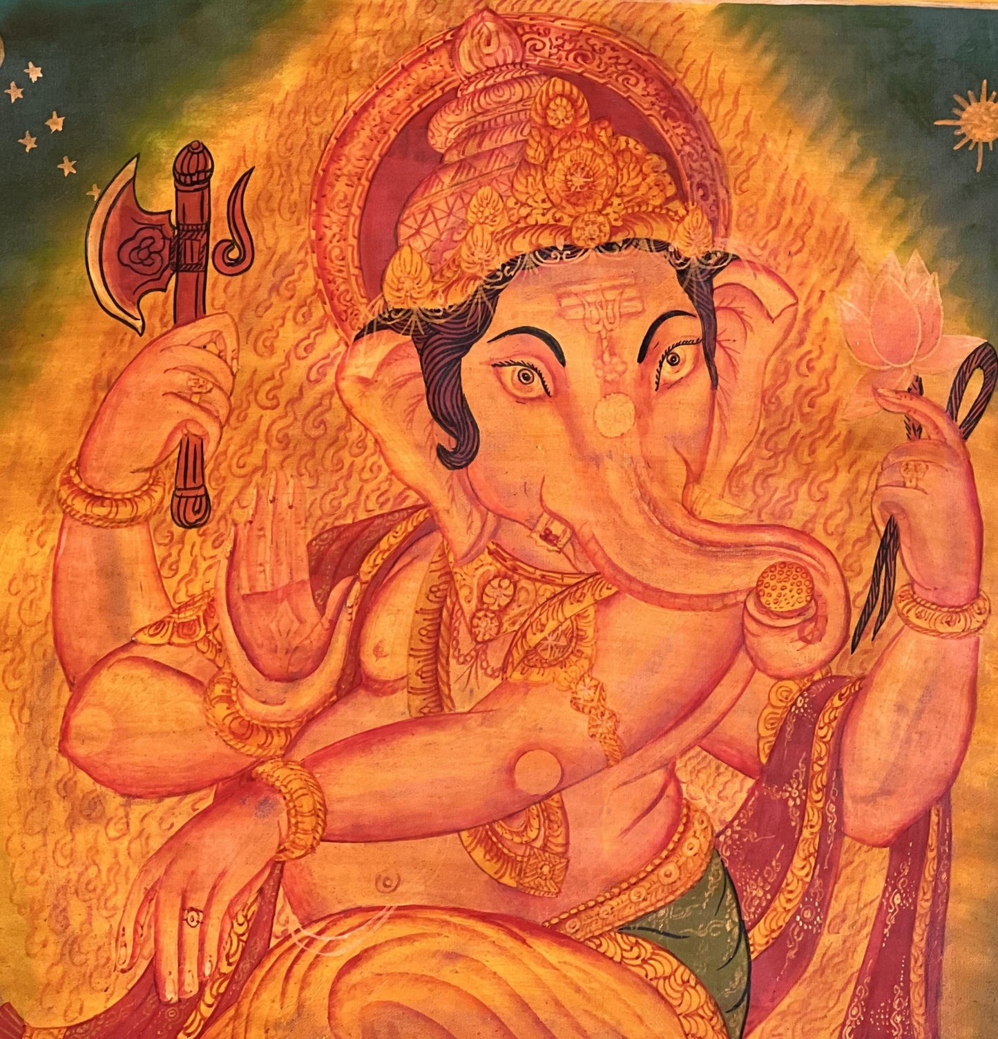 Original Hand - Painted Lord Ganesha/ Ganapati/ Vinayaka/ Vighnaharta Masterpiece Newari Paubha Oil Varnished Thangka Painting - Tibetan Thangka Art