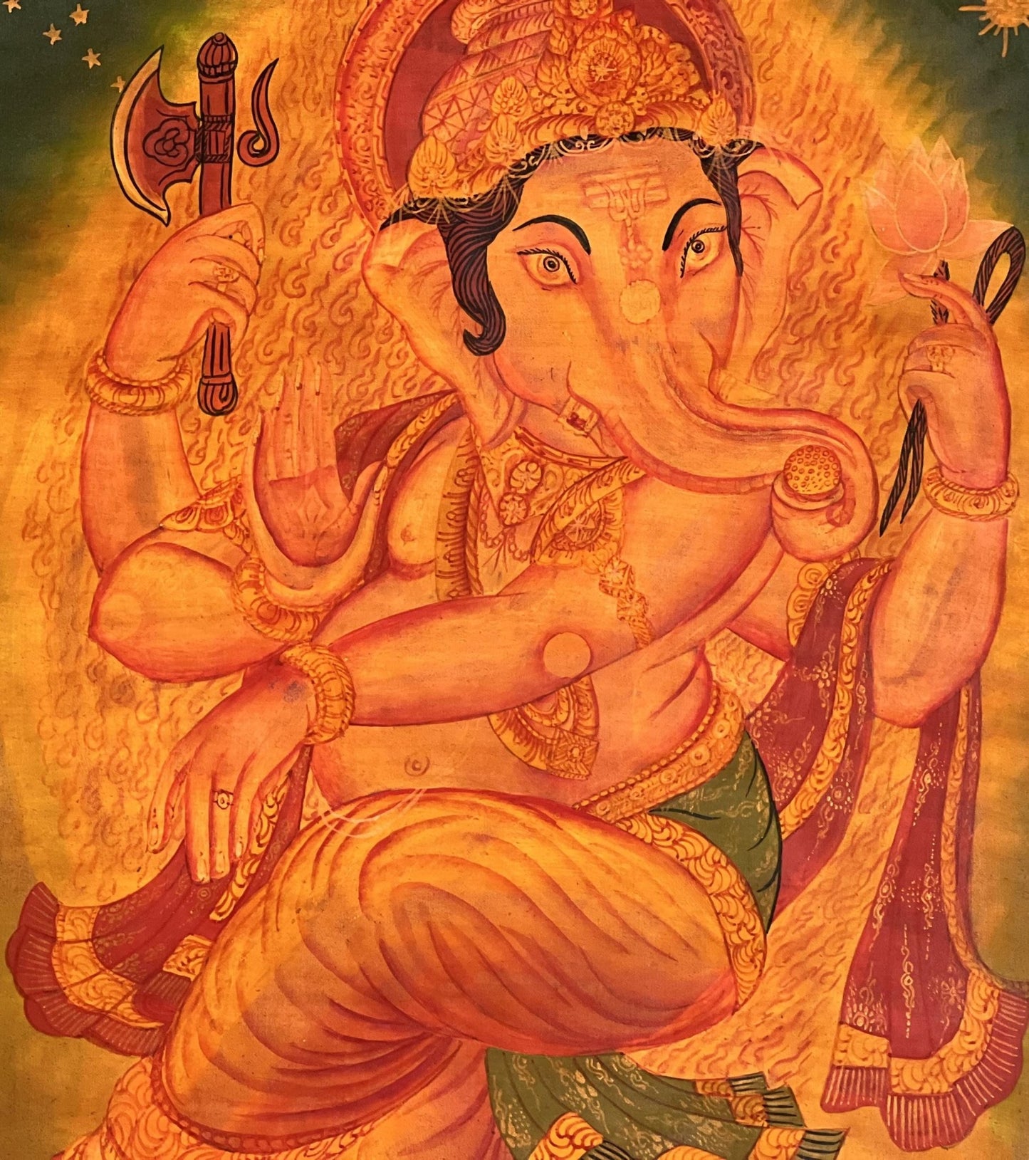 Original Hand - Painted Lord Ganesha/ Ganapati/ Vinayaka/ Vighnaharta Masterpiece Newari Paubha Oil Varnished Thangka Painting - Tibetan Thangka Art