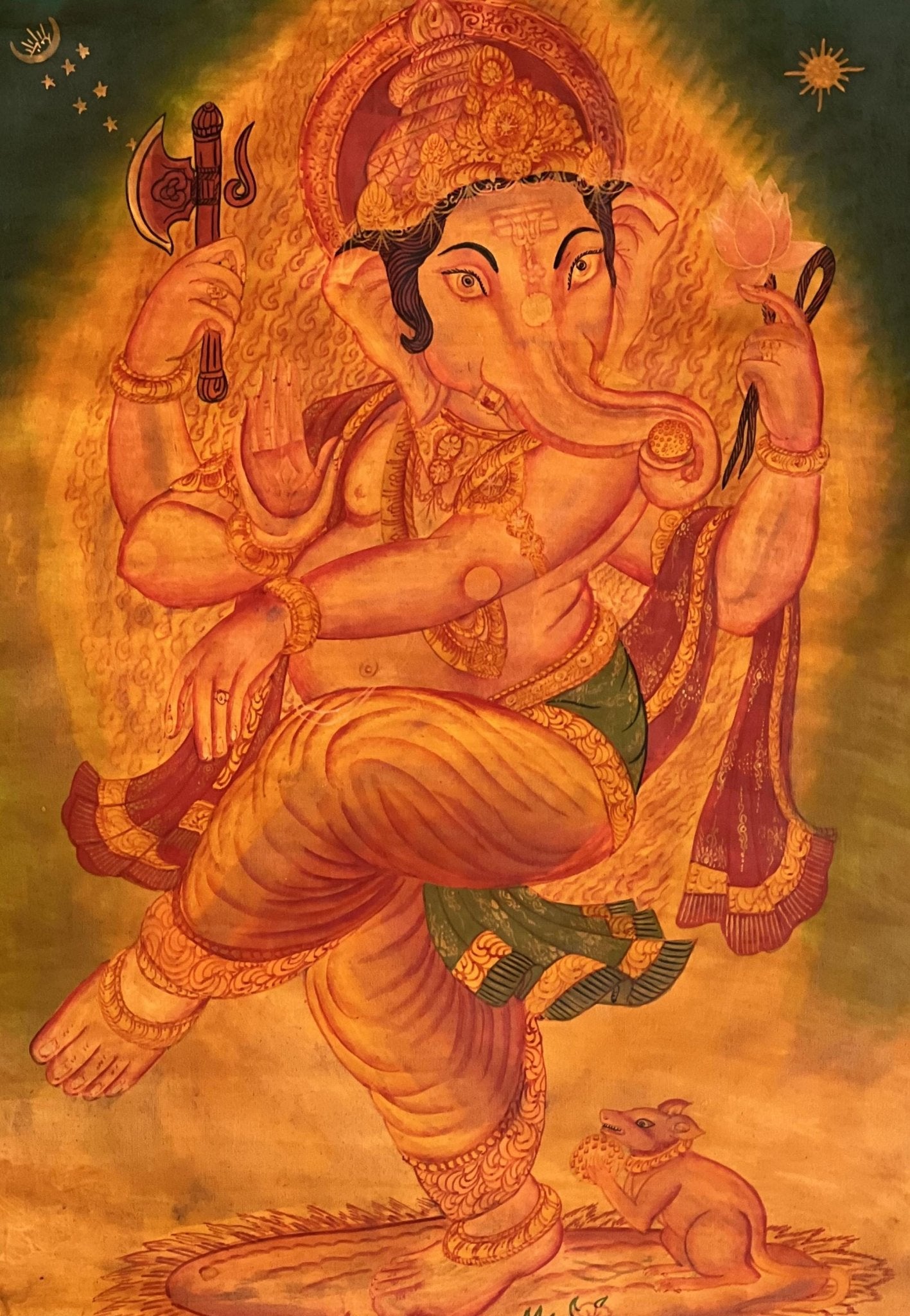 Original Hand - Painted Lord Ganesha/ Ganapati/ Vinayaka/ Vighnaharta Masterpiece Newari Paubha Oil Varnished Thangka Painting - Tibetan Thangka Art