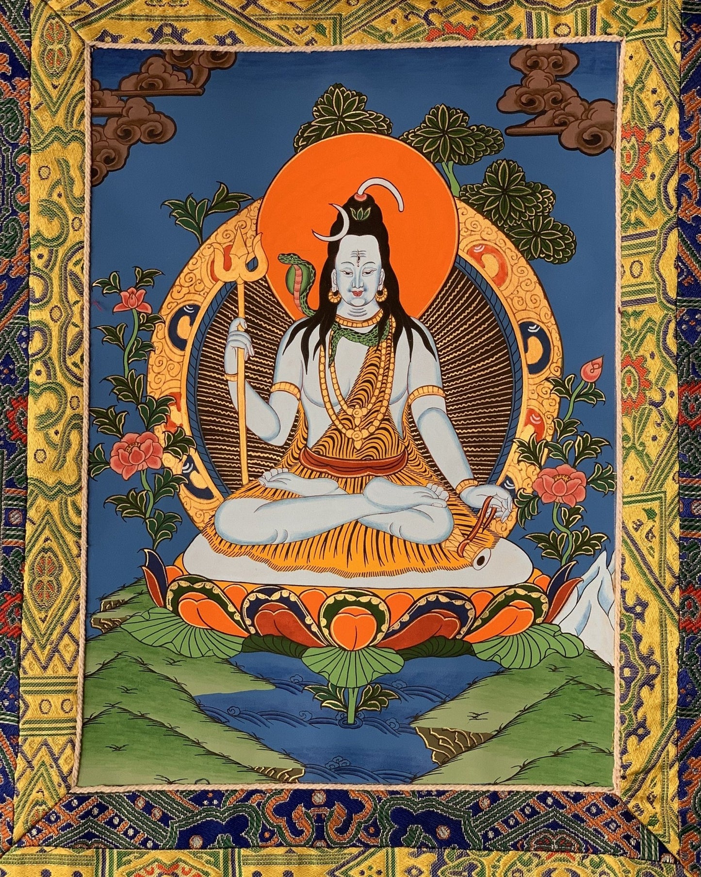 Original Hand - painted Lord Shiva/ Shankar/ Mahadeva/ God of Creation and Destruction/ Thangka Painting/ Hindu Art with Premium Silk Brocade - Tibetan Thangka Art