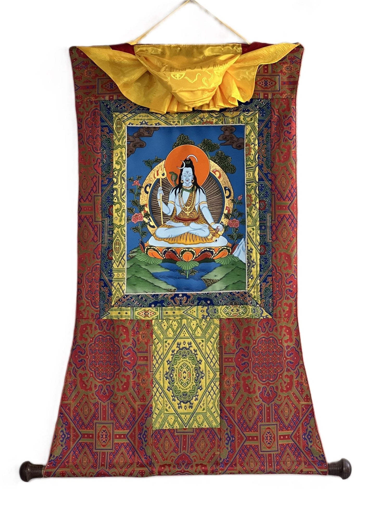 Original Hand - painted Lord Shiva/ Shankar/ Mahadeva/ God of Creation and Destruction/ Thangka Painting/ Hindu Art with Premium Silk Brocade - Tibetan Thangka Art