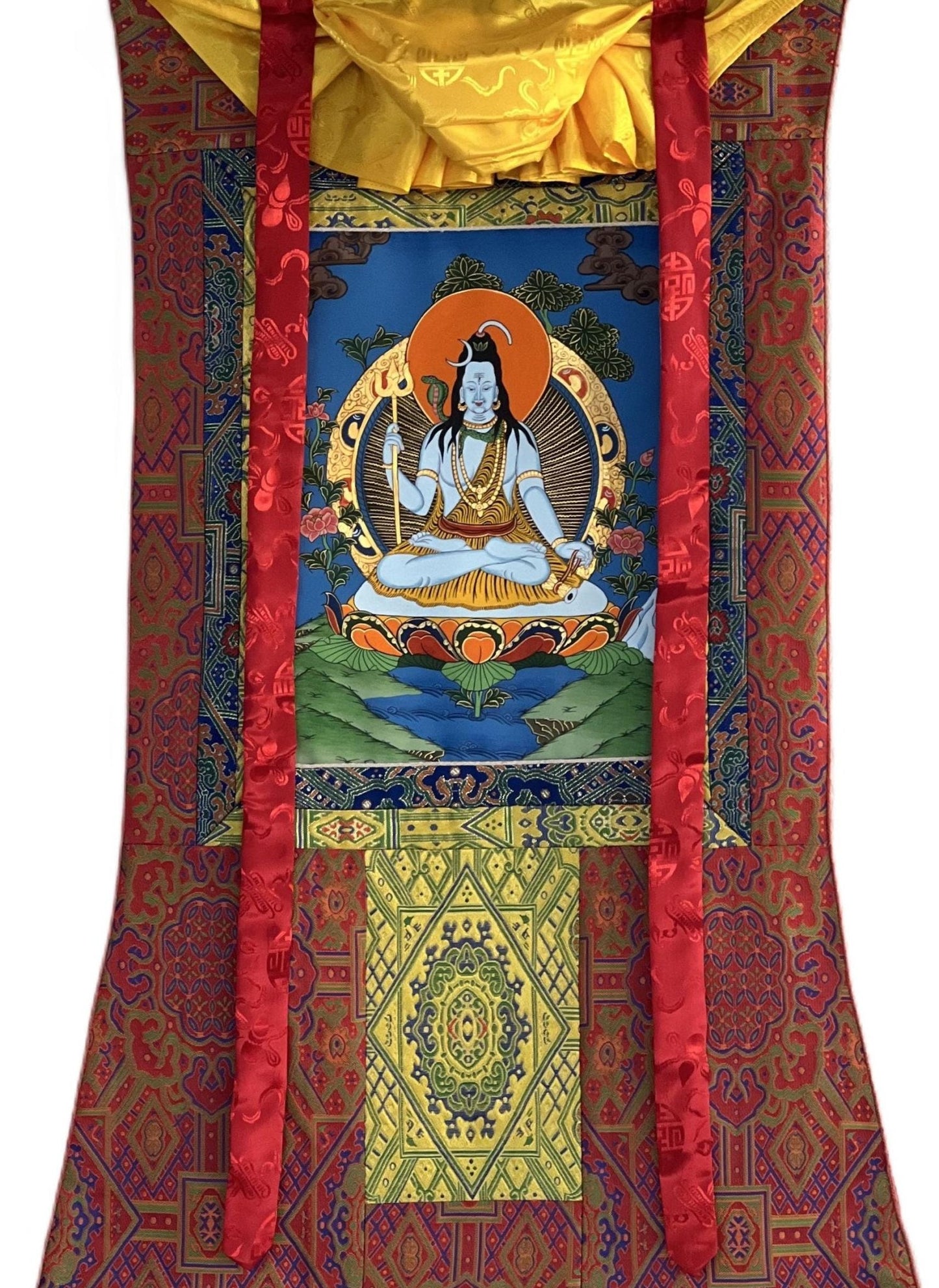 Original Hand - painted Lord Shiva/ Shankar/ Mahadeva/ God of Creation and Destruction/ Thangka Painting/ Hindu Art with Premium Silk Brocade - Tibetan Thangka Art