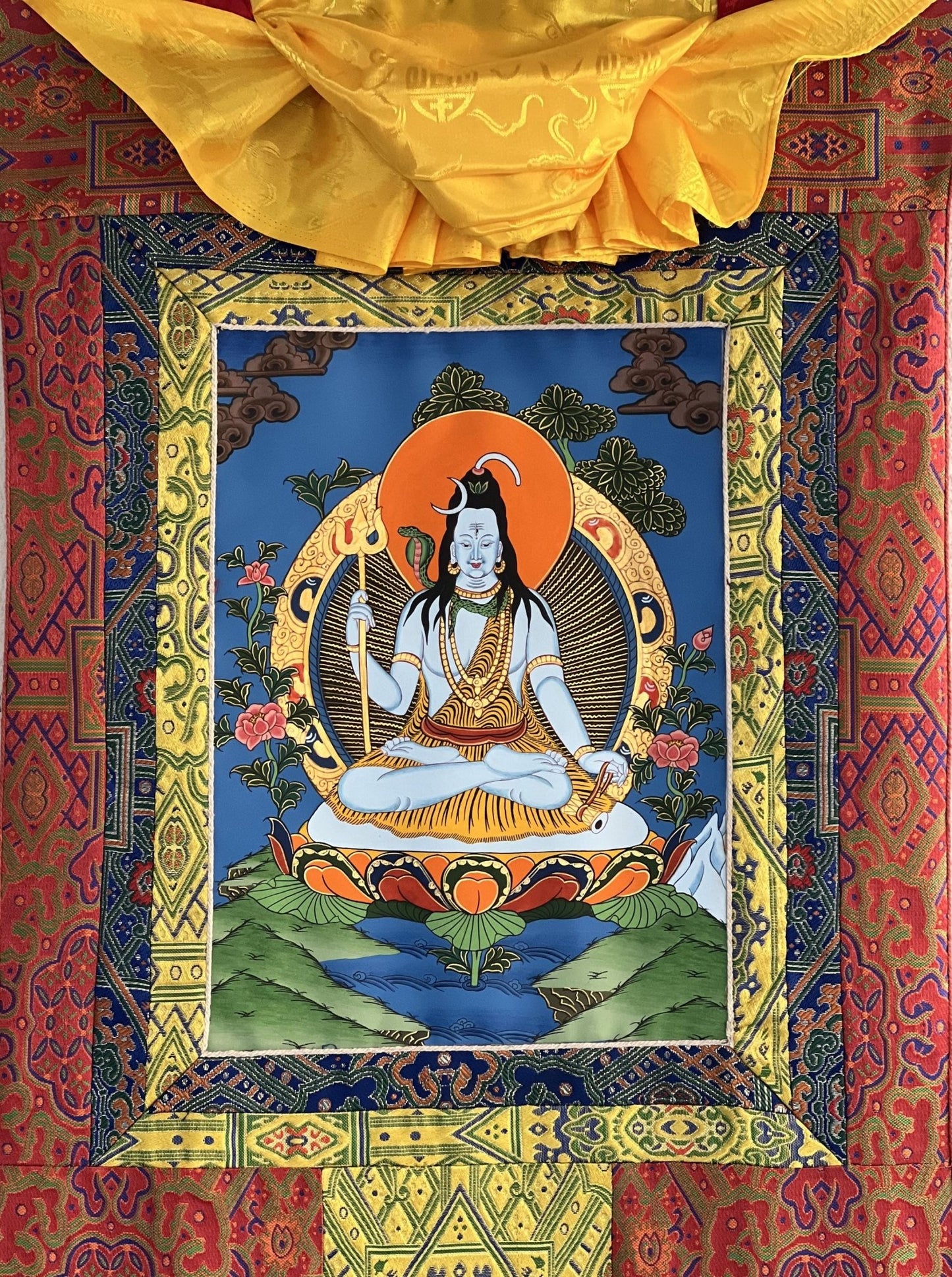 Original Hand - painted Lord Shiva/ Shankar/ Mahadeva/ God of Creation and Destruction/ Thangka Painting/ Hindu Art with Premium Silk Brocade - Tibetan Thangka Art