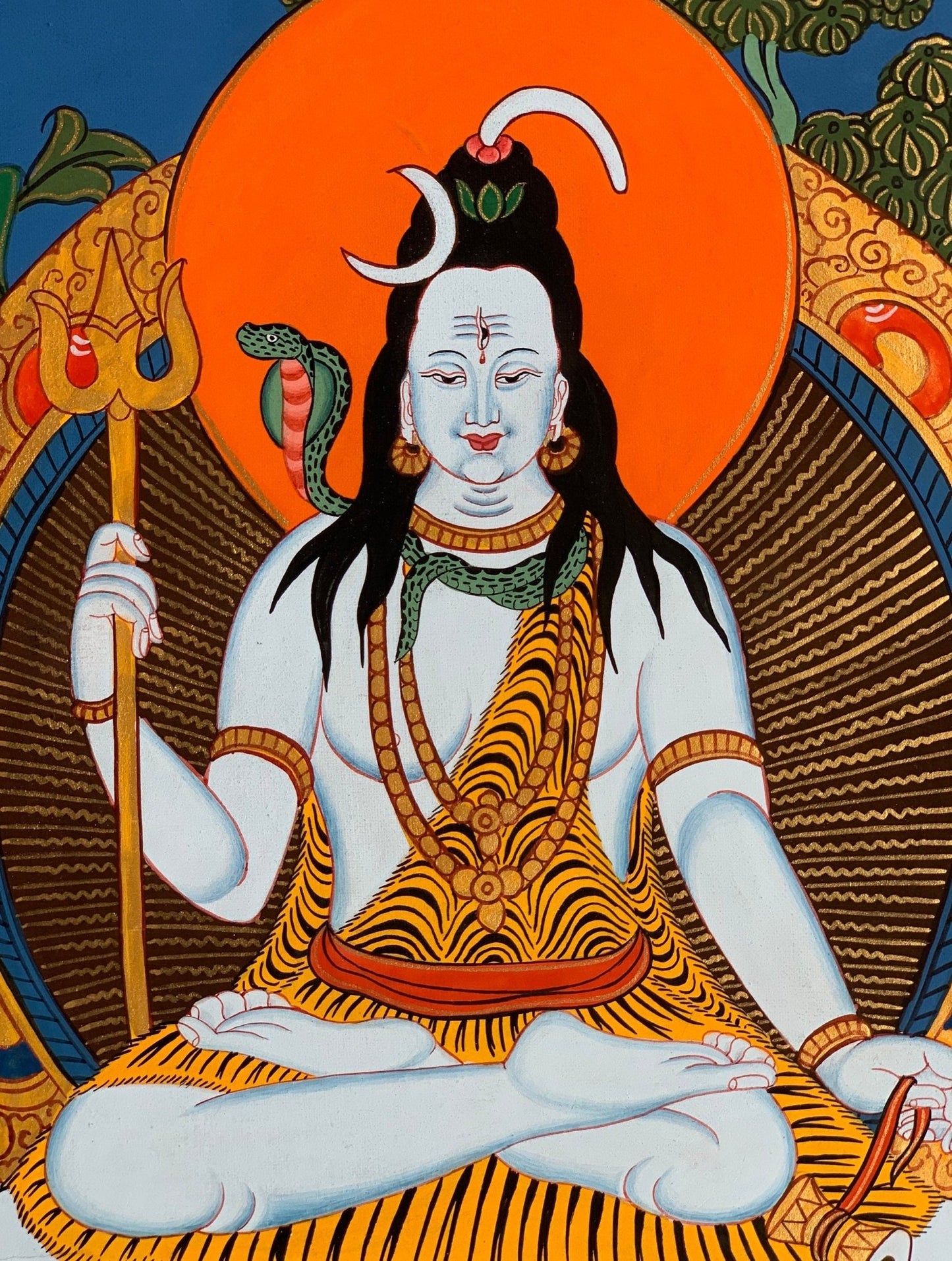 Original Hand - painted Lord Shiva/ Shankar/ Mahadeva/ God of Creation and Destruction/ Thangka Painting/ Hindu Art with Premium Silk Brocade - Tibetan Thangka Art