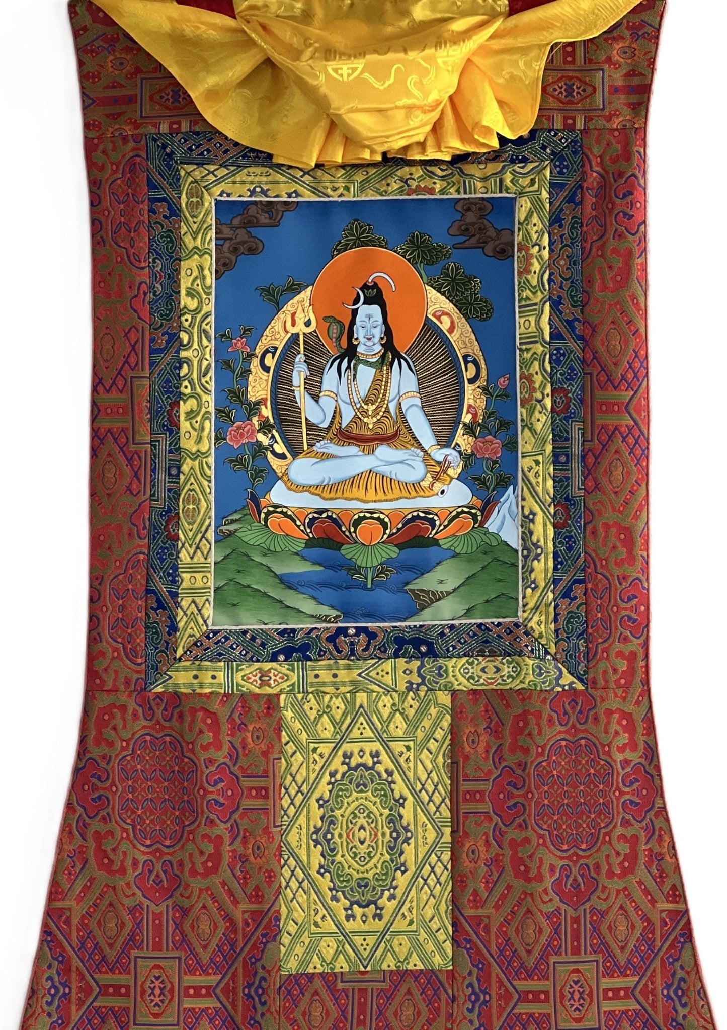 Original Hand - painted Lord Shiva/ Shankar/ Mahadeva/ God of Creation and Destruction/ Thangka Painting/ Hindu Art with Premium Silk Brocade - Tibetan Thangka Art