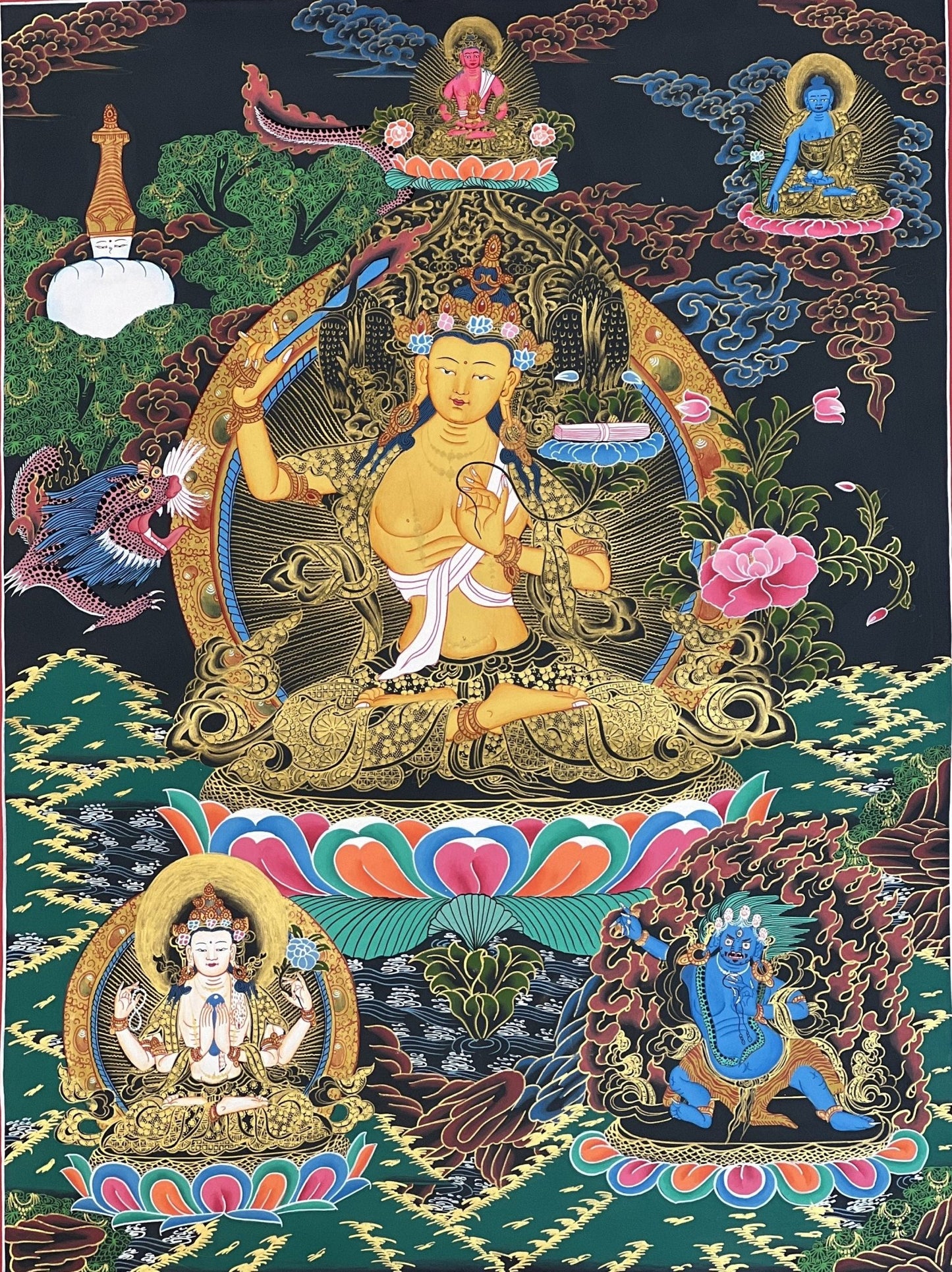 Original Hand - Painted Manjushri/ Manjusri/ Manjushree/ Jampelyang Bodhisattva of Compassion and Wisdom Masterpiece Tibetan Thangka Painting - Tibetan Thangka Art