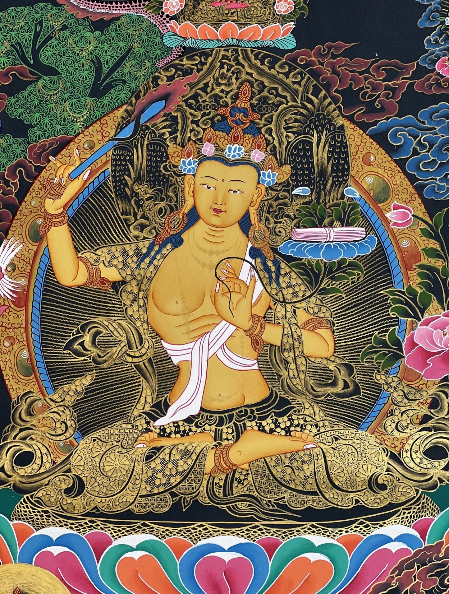 Original Hand - Painted Manjushri/ Manjusri/ Manjushree/ Jampelyang Bodhisattva of Compassion and Wisdom Masterpiece Tibetan Thangka Painting - Tibetan Thangka Art