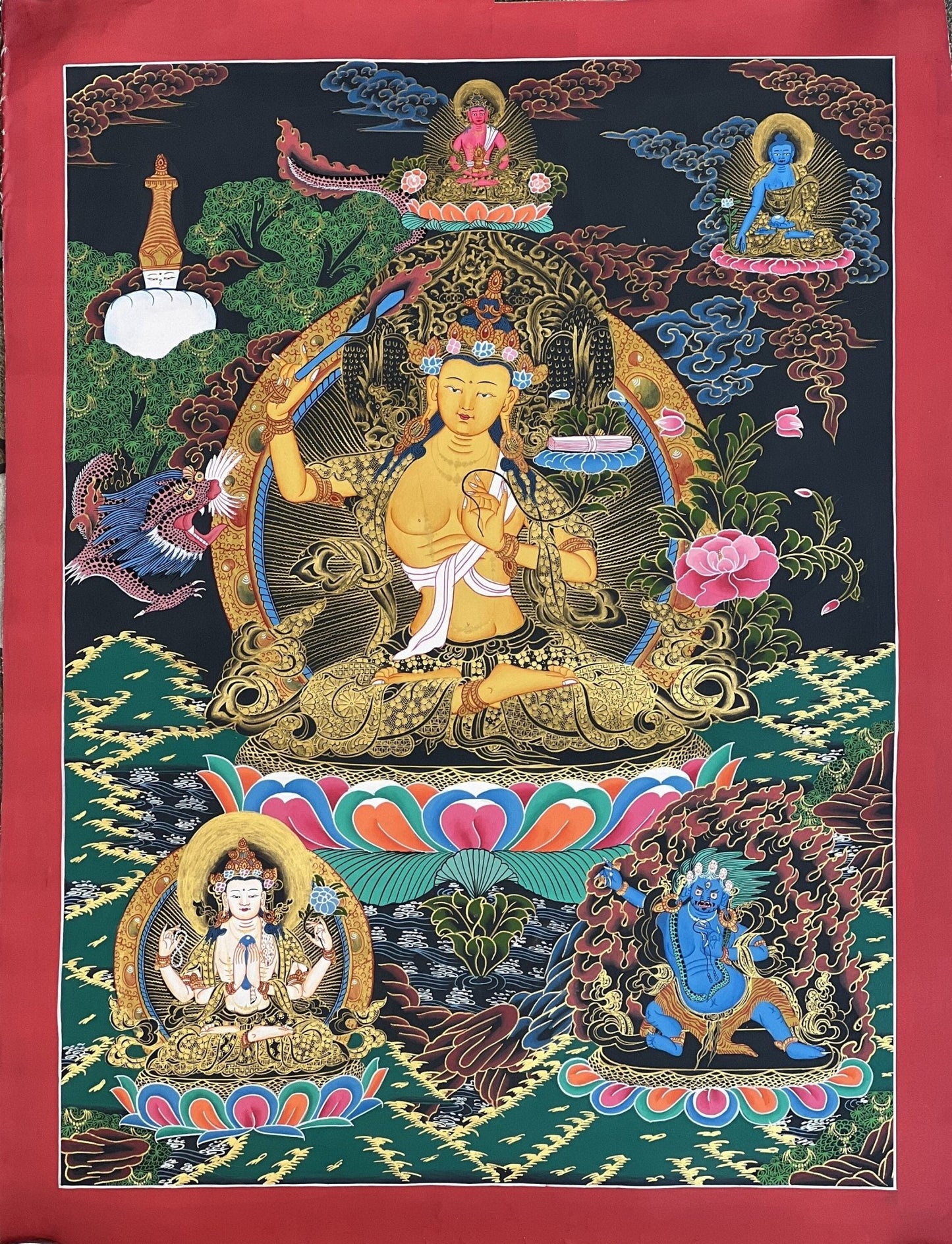Original Hand - Painted Manjushri/ Manjusri/ Manjushree/ Jampelyang Bodhisattva of Compassion and Wisdom Masterpiece Tibetan Thangka Painting - Tibetan Thangka Art