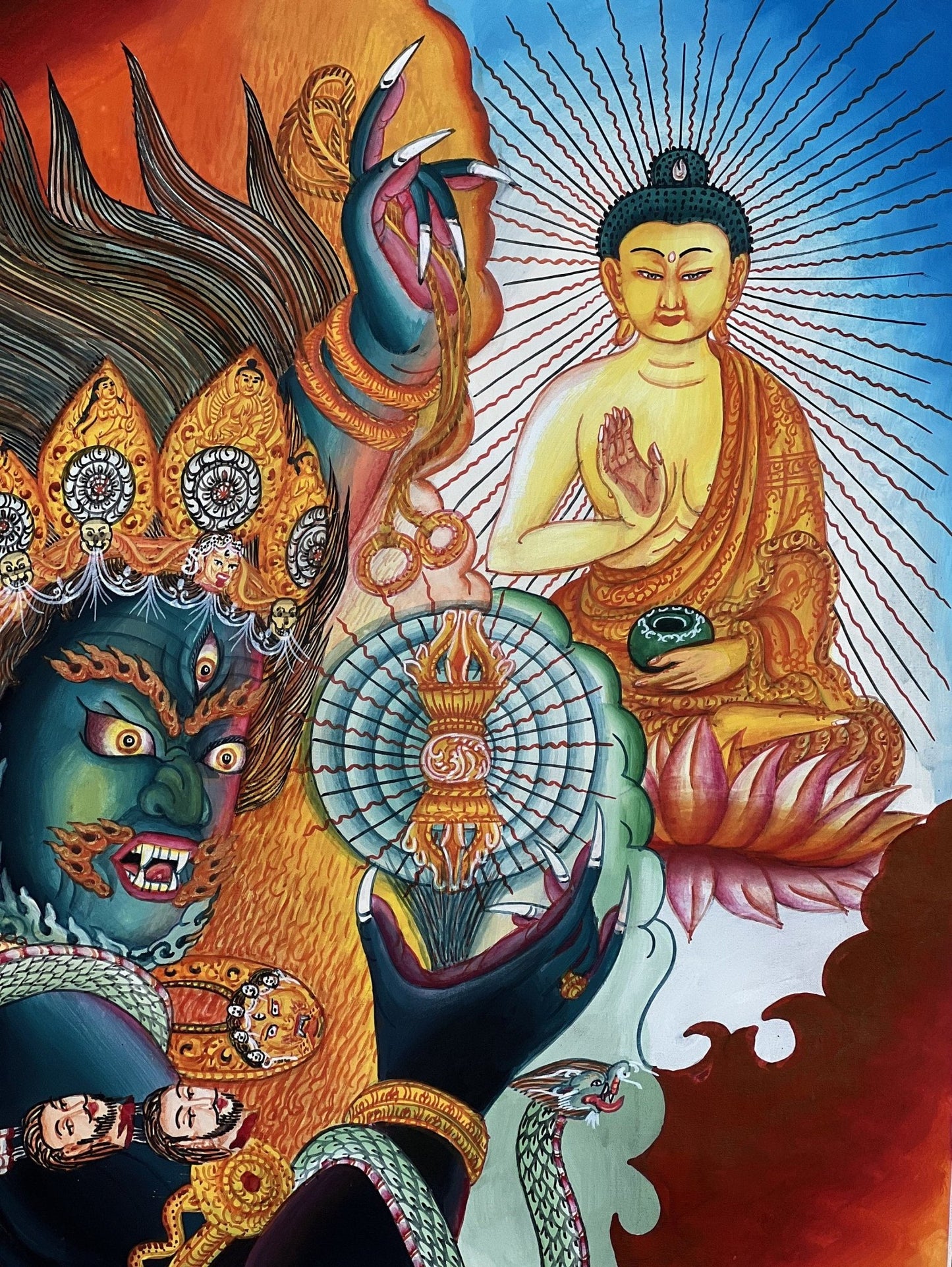 Original Hand - painted Masterpiece Dharmapala Vajrapani Embodied Enlightenment Newari Paubha Thangka Painting from Nepal - Tibetan Thangka Art