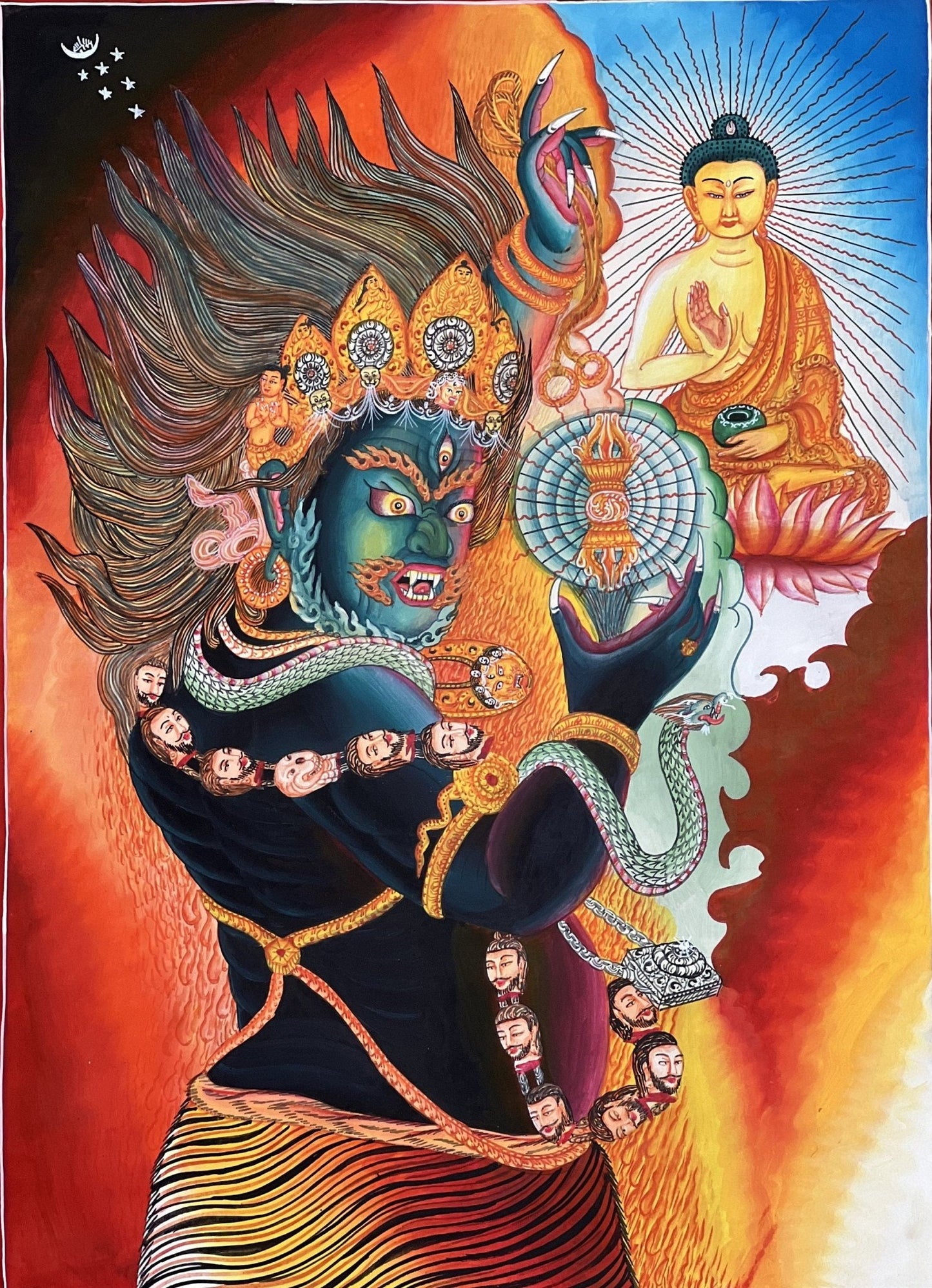 Original Hand - painted Masterpiece Dharmapala Vajrapani Embodied Enlightenment Newari Paubha Thangka Painting from Nepal - Tibetan Thangka Art