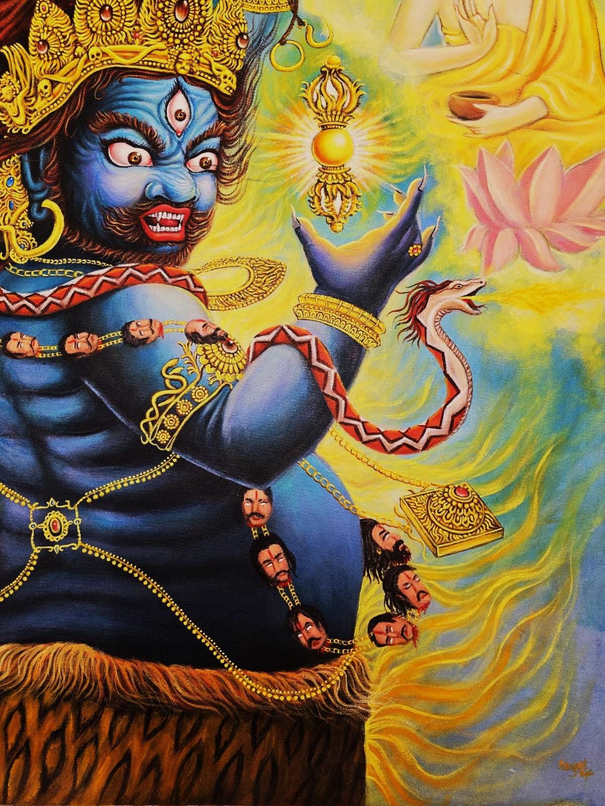 Original Hand - painted Masterpiece Vajrapani Dharma Protector Embodied Enlightenment ACRYLIC Painting on Canvas - Tibetan Thangka Art