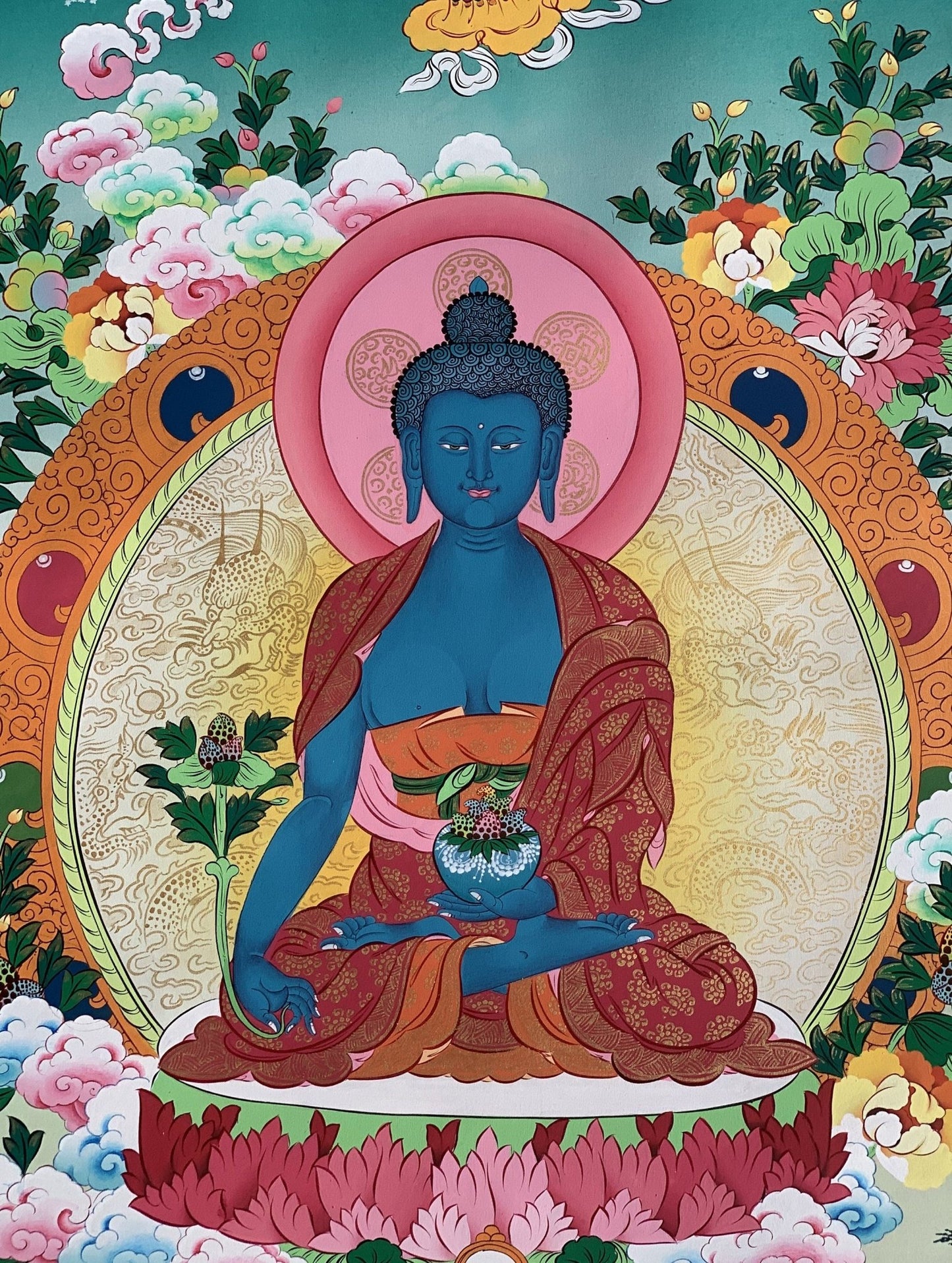 Original Hand Painted Medicine Buddha / Bhaisajyaguru Masterpiece Master Quality Tibetan Thangka / Thanka Painting Compassion Meditation Art - Tibetan Thangka Art
