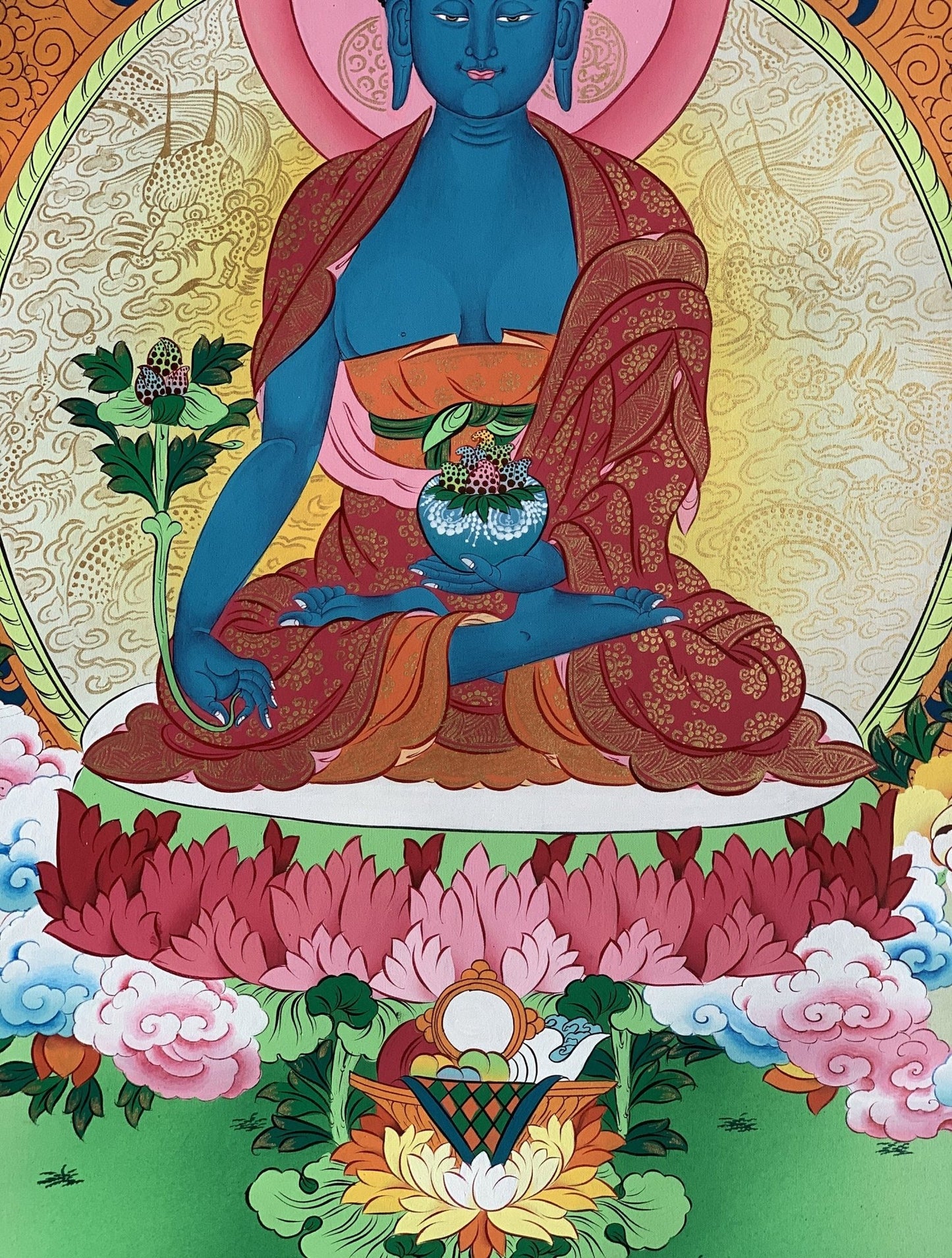 Original Hand Painted Medicine Buddha / Bhaisajyaguru Masterpiece Master Quality Tibetan Thangka / Thanka Painting Compassion Meditation Art - Tibetan Thangka Art