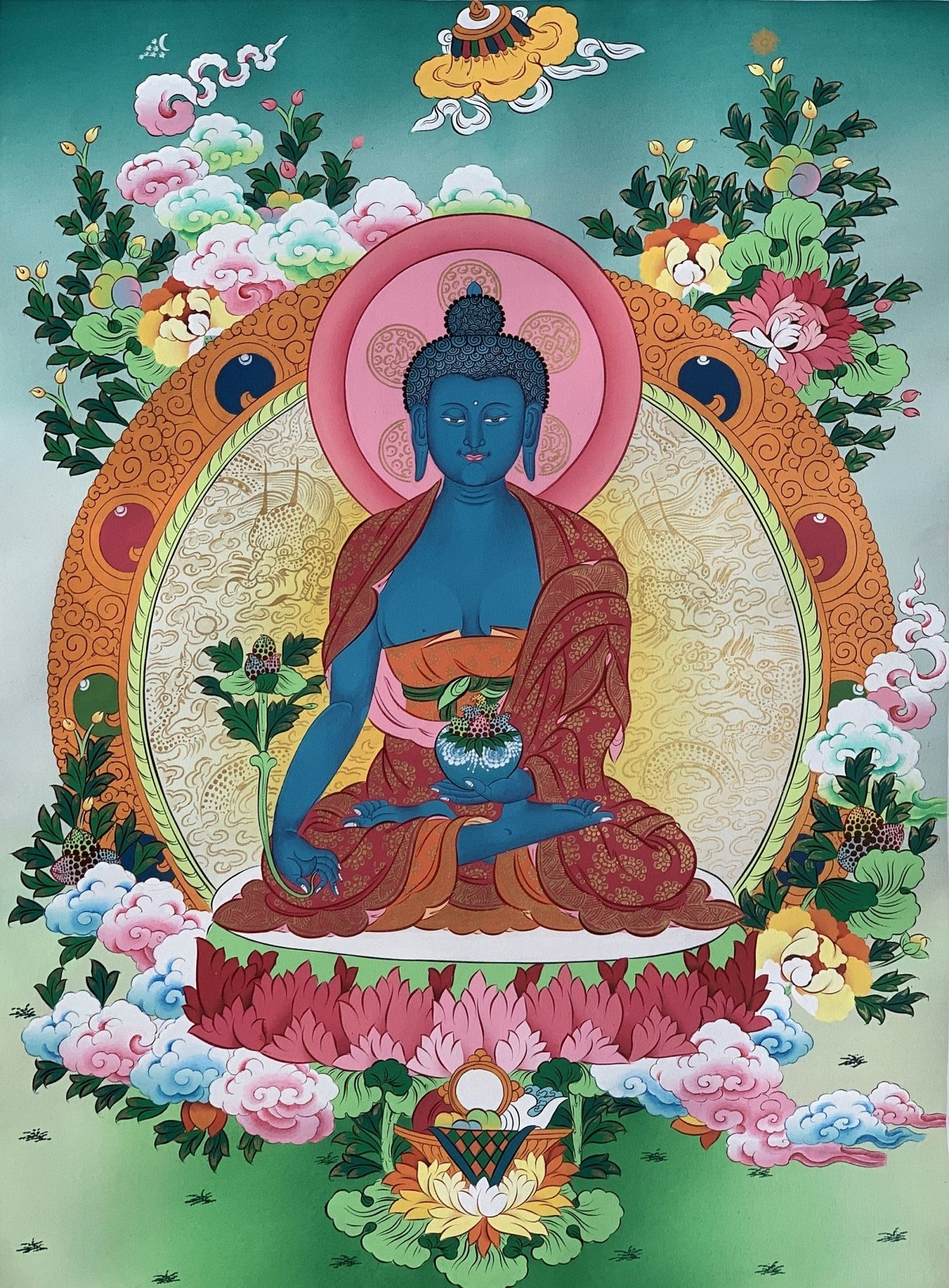 Original Hand Painted Medicine Buddha / Bhaisajyaguru Masterpiece Master Quality Tibetan Thangka / Thanka Painting Compassion Meditation Art - Tibetan Thangka Art