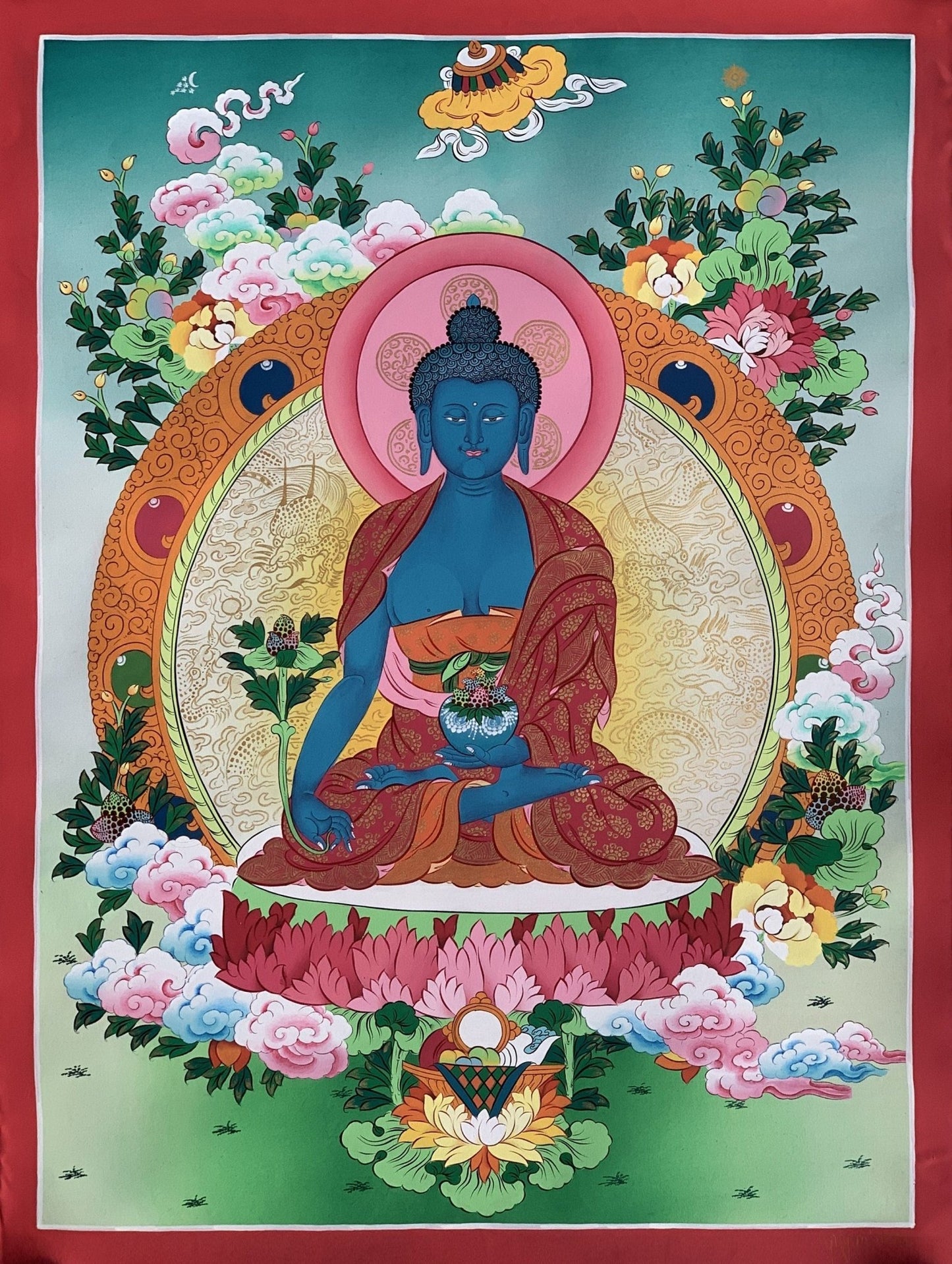 Original Hand Painted Medicine Buddha / Bhaisajyaguru Masterpiece Master Quality Tibetan Thangka / Thanka Painting Compassion Meditation Art - Tibetan Thangka Art
